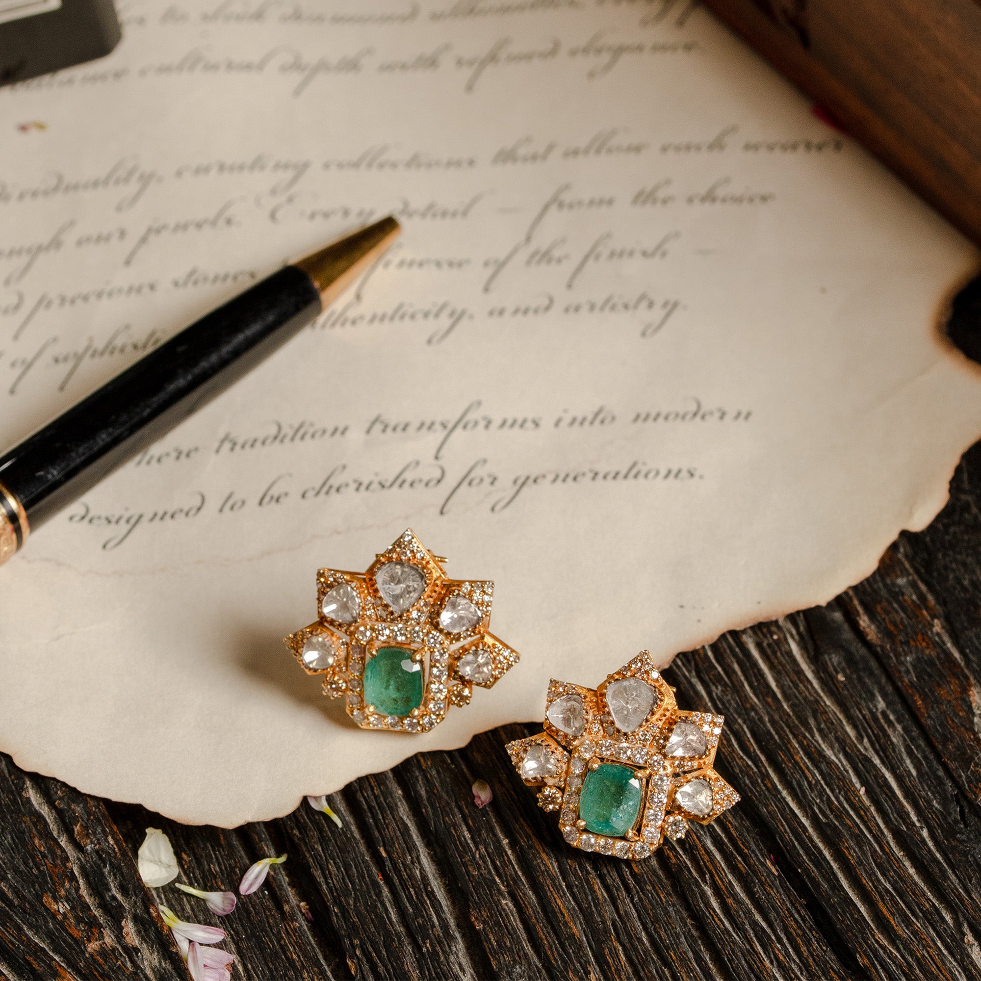 Emerald and Polki diamond gold earrings, handcrafted luxury heritage jewellery for women