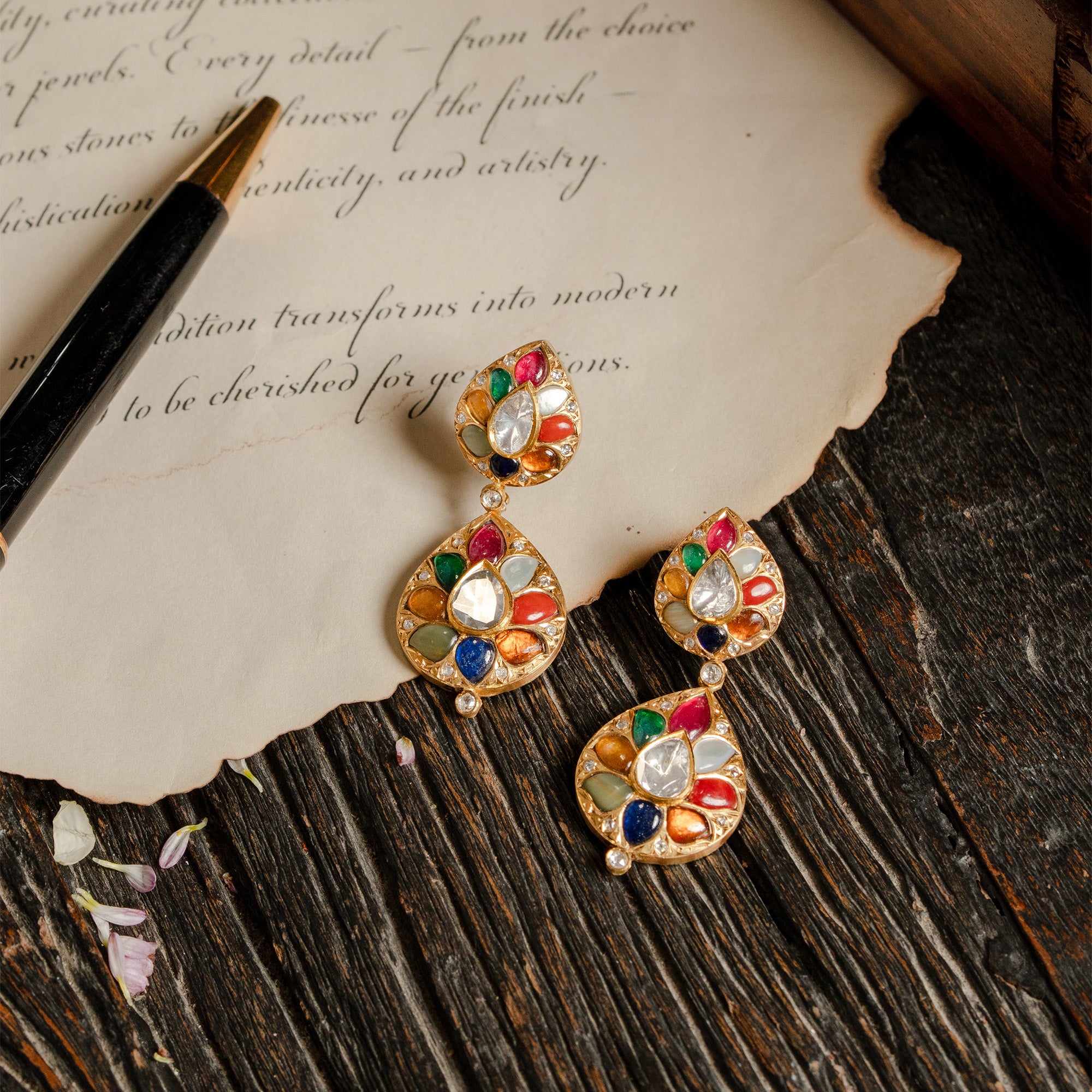 Multicolor Polki diamond gold earrings, traditional handcrafted luxury Indian jewellery