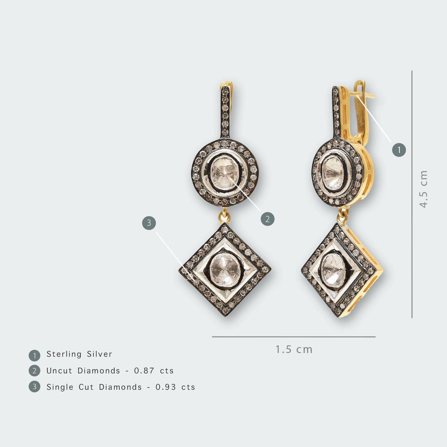 Jessica Round and Square Uncut Diamond Dangling Earrings