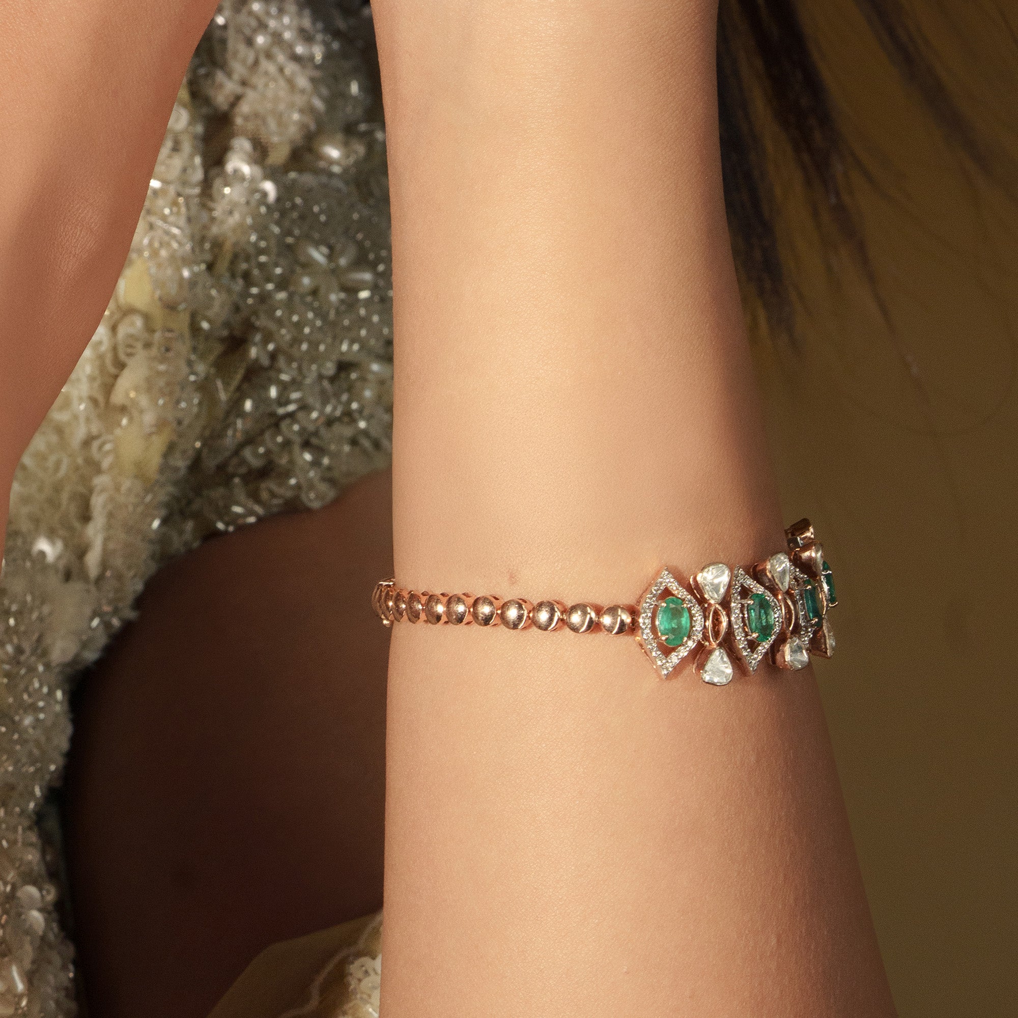 Emerald Polki diamond gold bracelet, luxury handcrafted designer jewellery India