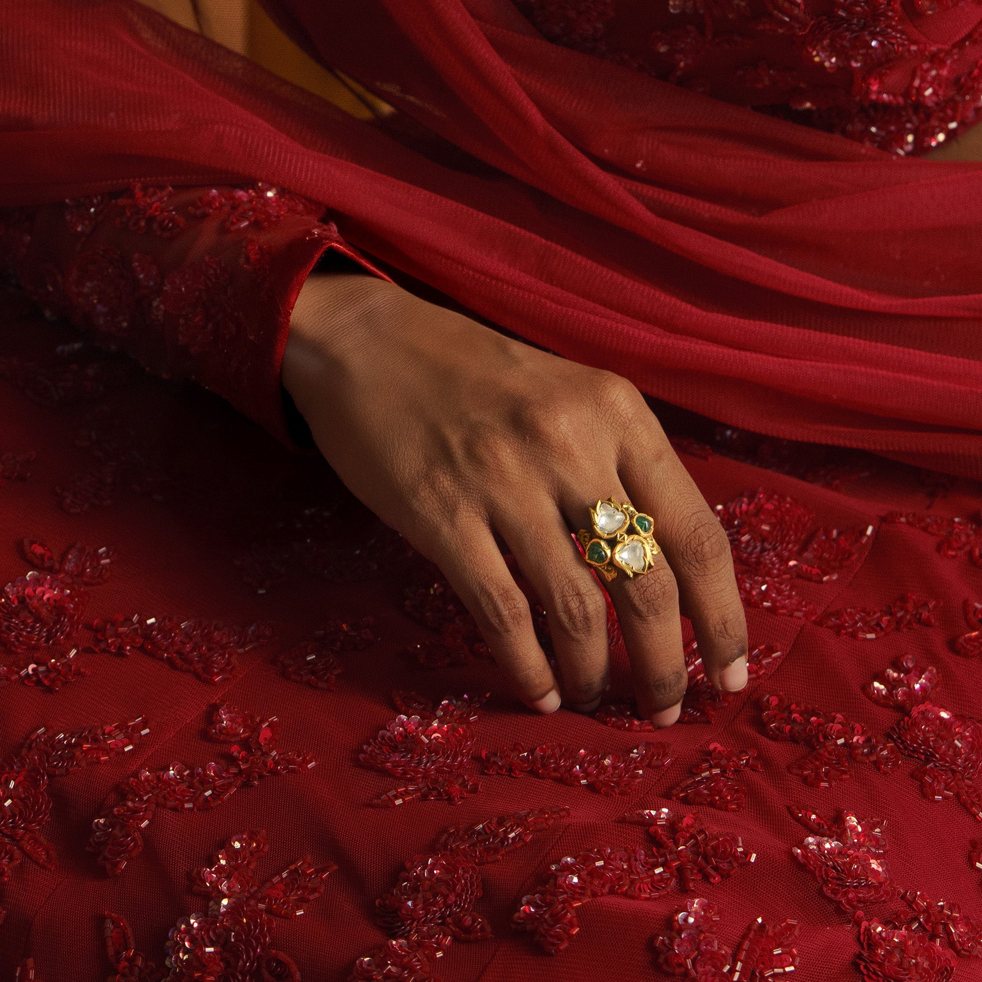 Emerald and Polki diamond gold ring, luxury handcrafted Indian jewellery, statement ring for women