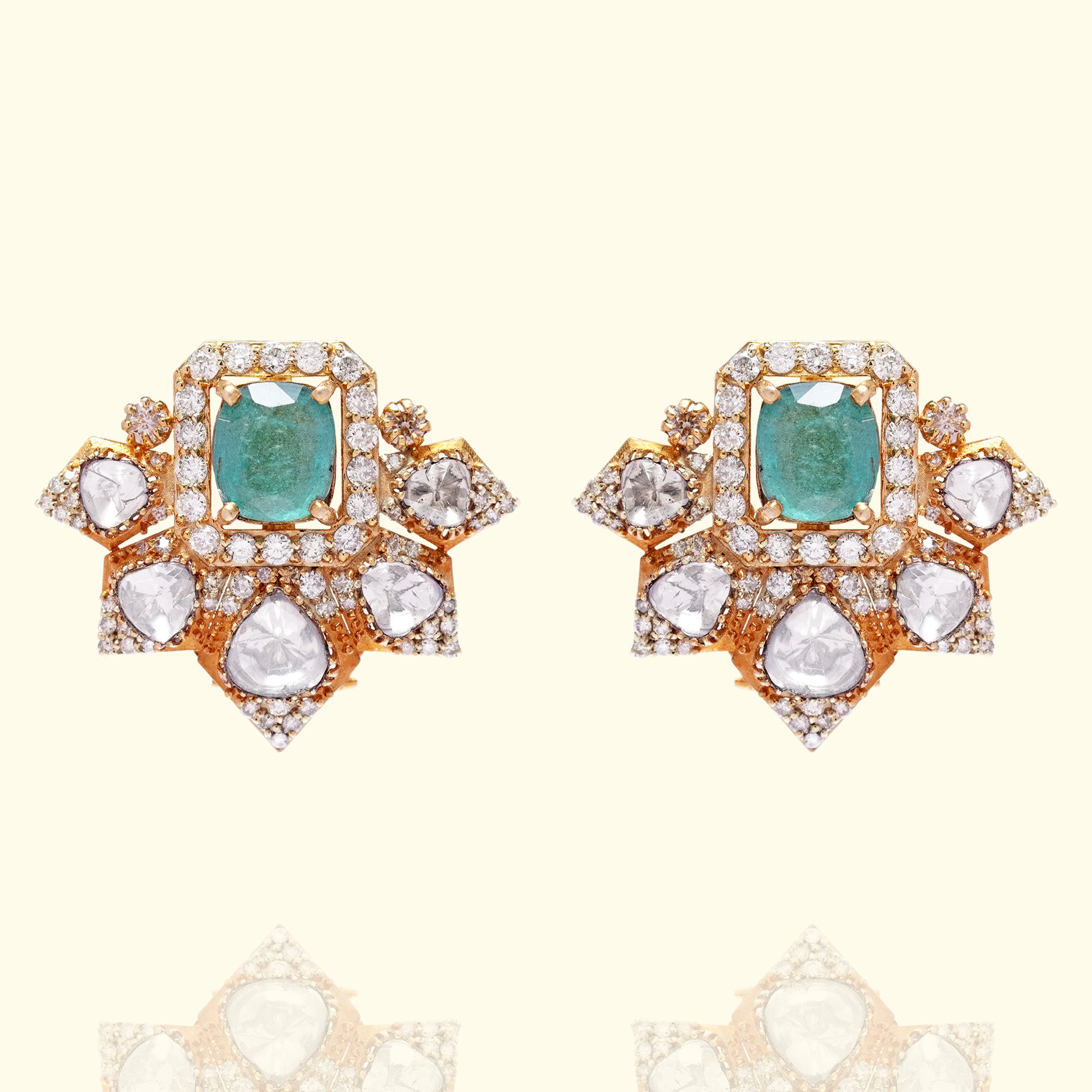 Emerald and Polki diamond gold earrings, handcrafted luxury heritage jewellery for women