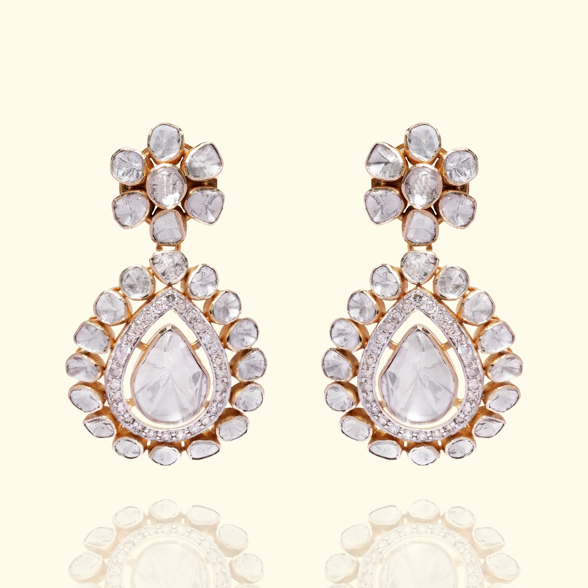 Polki uncut diamond gold earrings, handcrafted heritage luxury jewellery for women in India