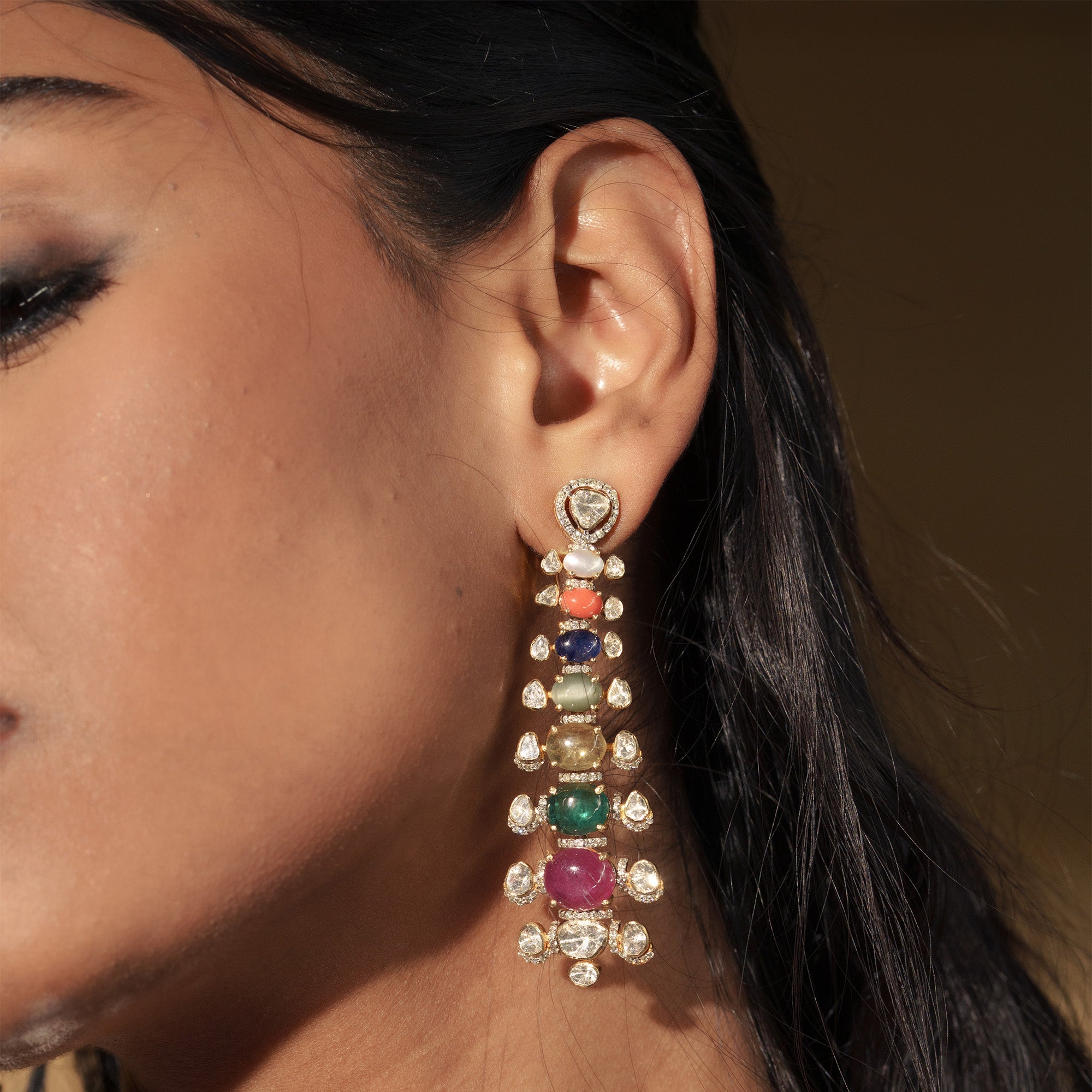 Polki uncut diamond gold drop earrings, handcrafted traditional luxury jewellery for women