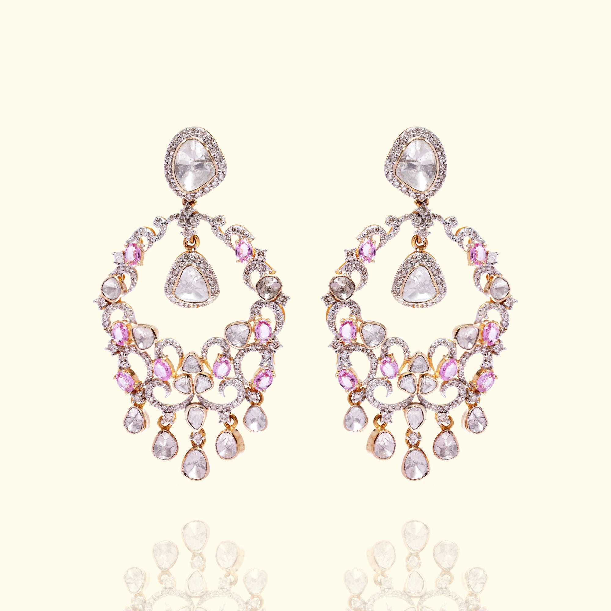 Polki uncut diamond gold chandbalis, traditional handcrafted luxury jewellery for women in India