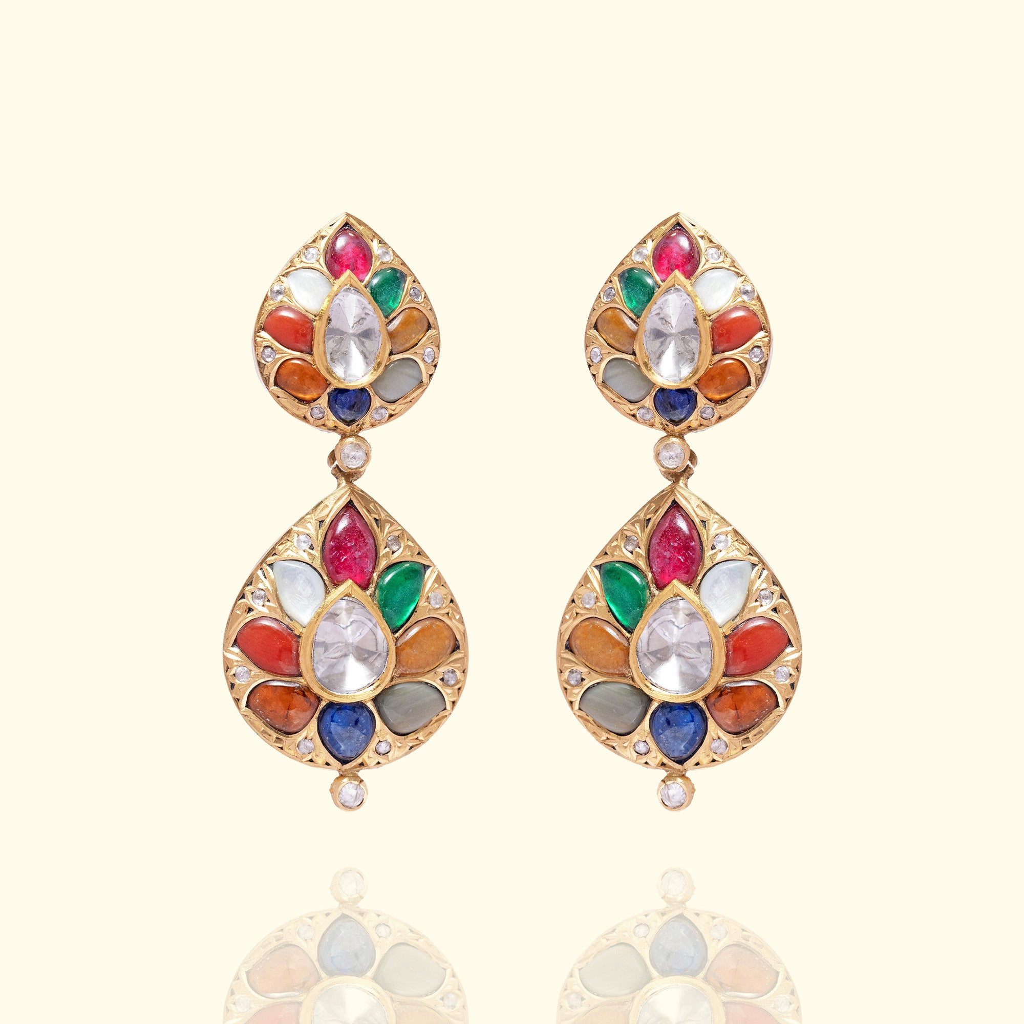 Multicolor Polki diamond gold earrings, traditional handcrafted luxury Indian jewellery