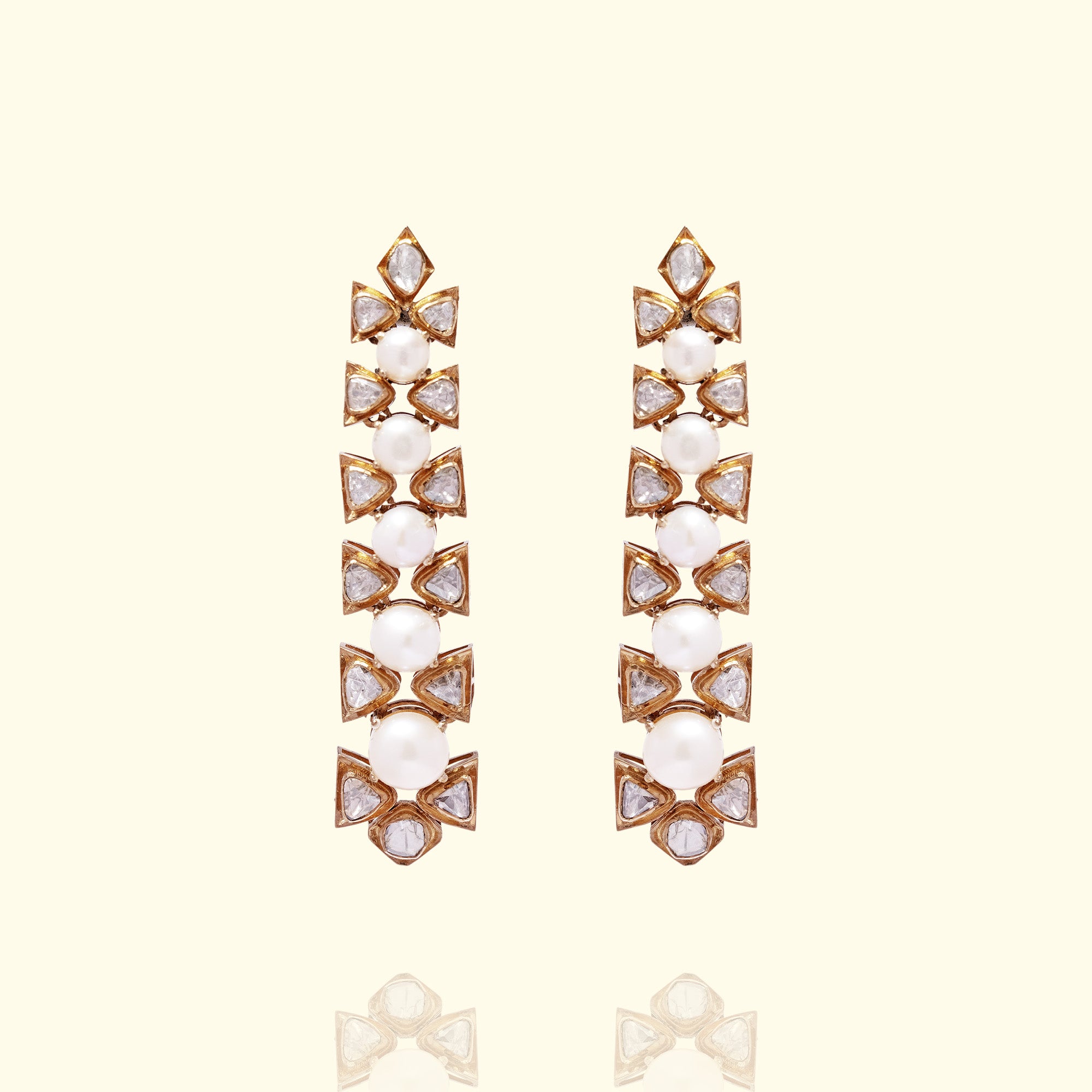Polki diamond and pearl gold lari earrings, handcrafted traditional luxury jewellery for women