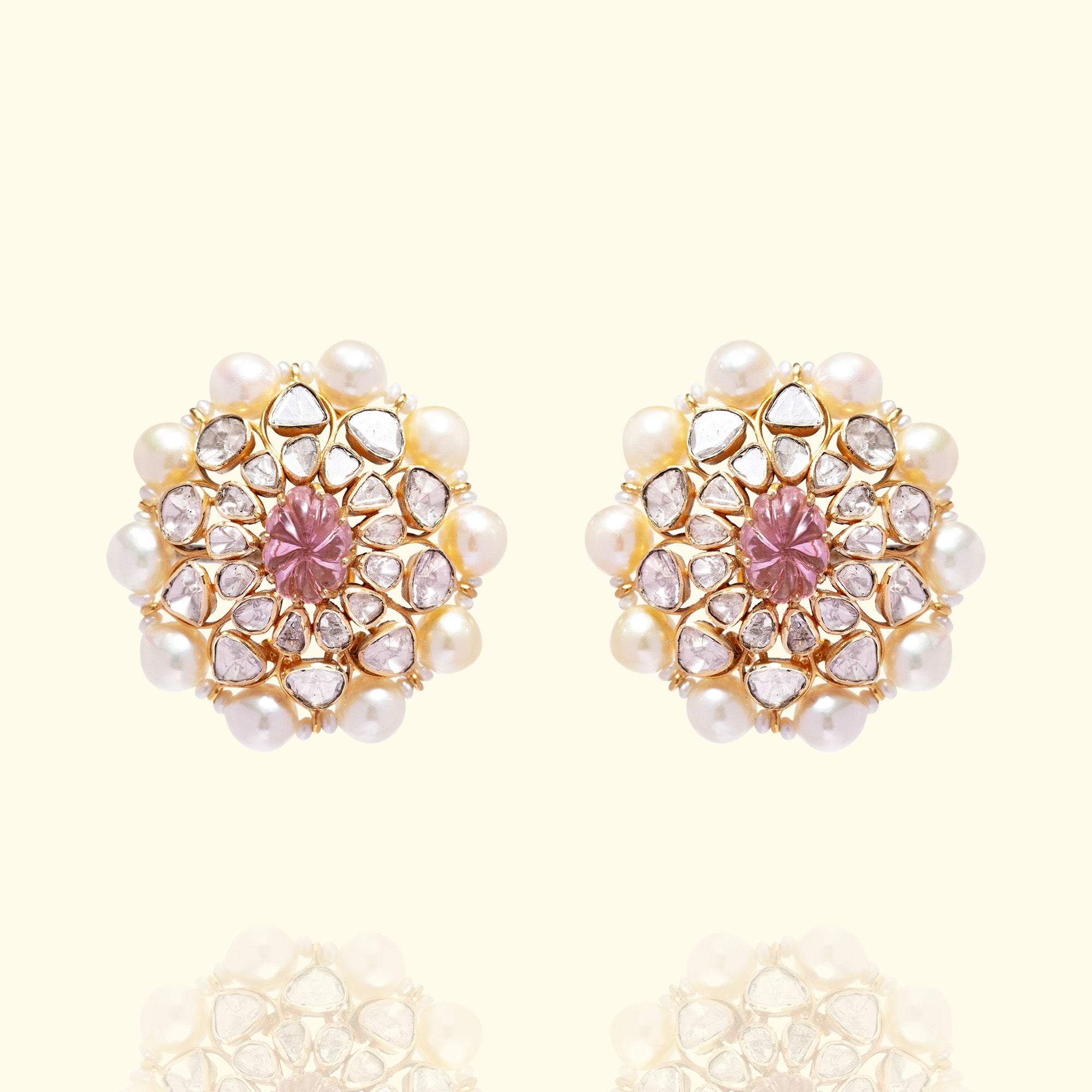 Pearl and Polki diamond gold earrings, traditional handcrafted luxury fine jewellery for women