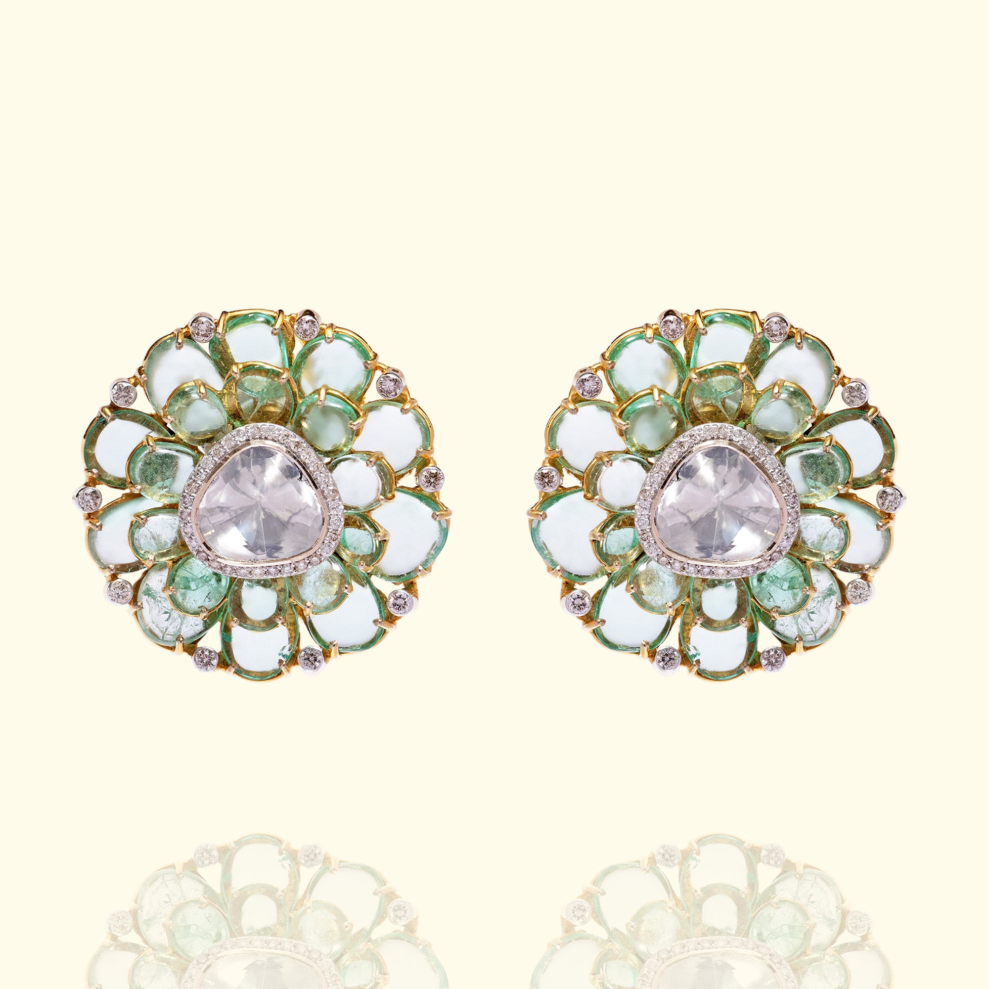Emerald and Polki uncut diamond gold earrings, artisanal handcrafted luxury fine jewellery