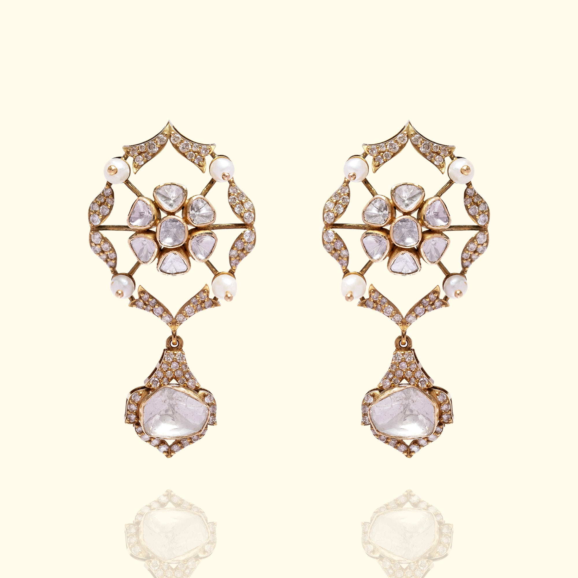 Polki uncut diamond gold drop earrings with intricate jaali design, handcrafted luxury jewellery