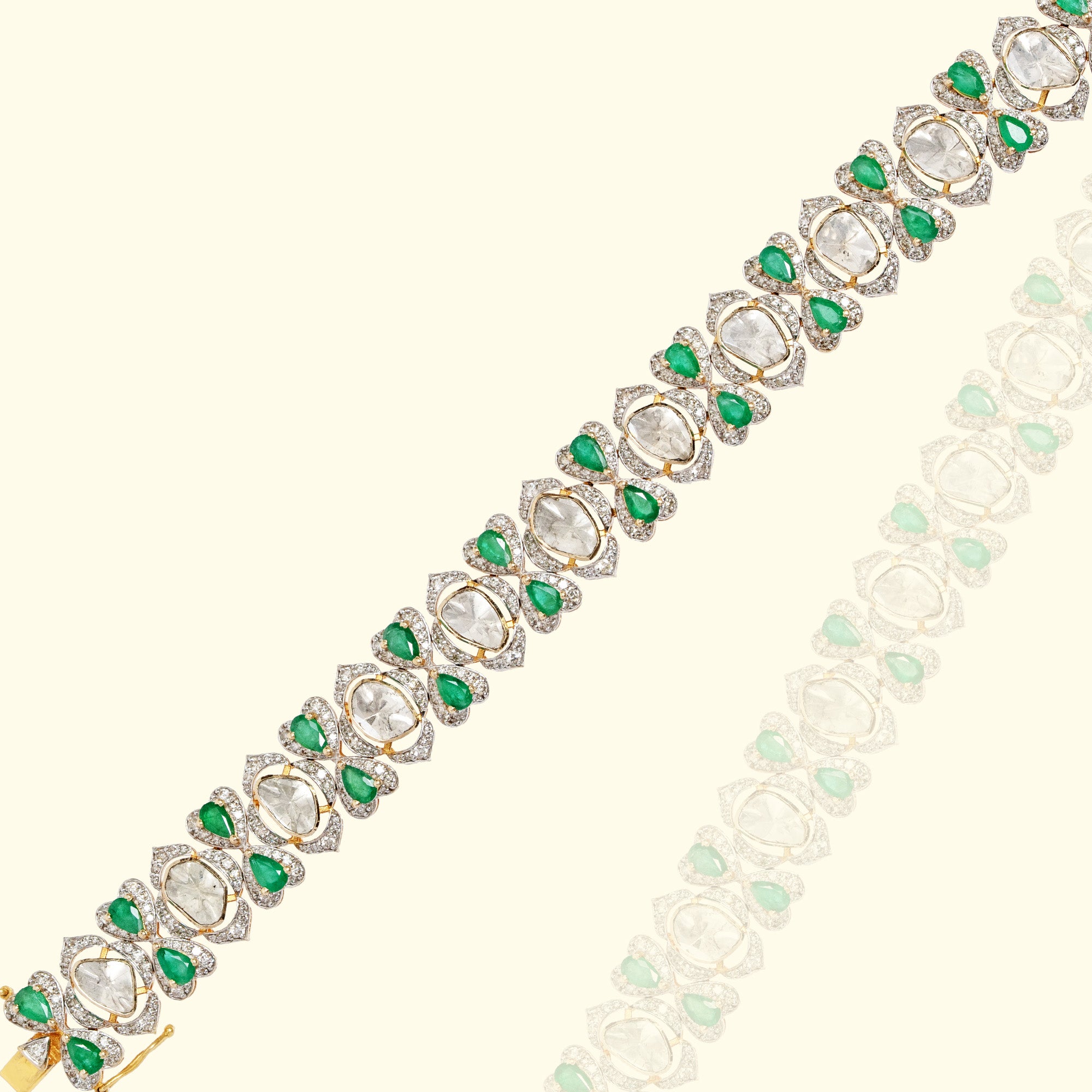 Emerald and Polki diamond gold bracelet, traditional artisanal jewellery India
