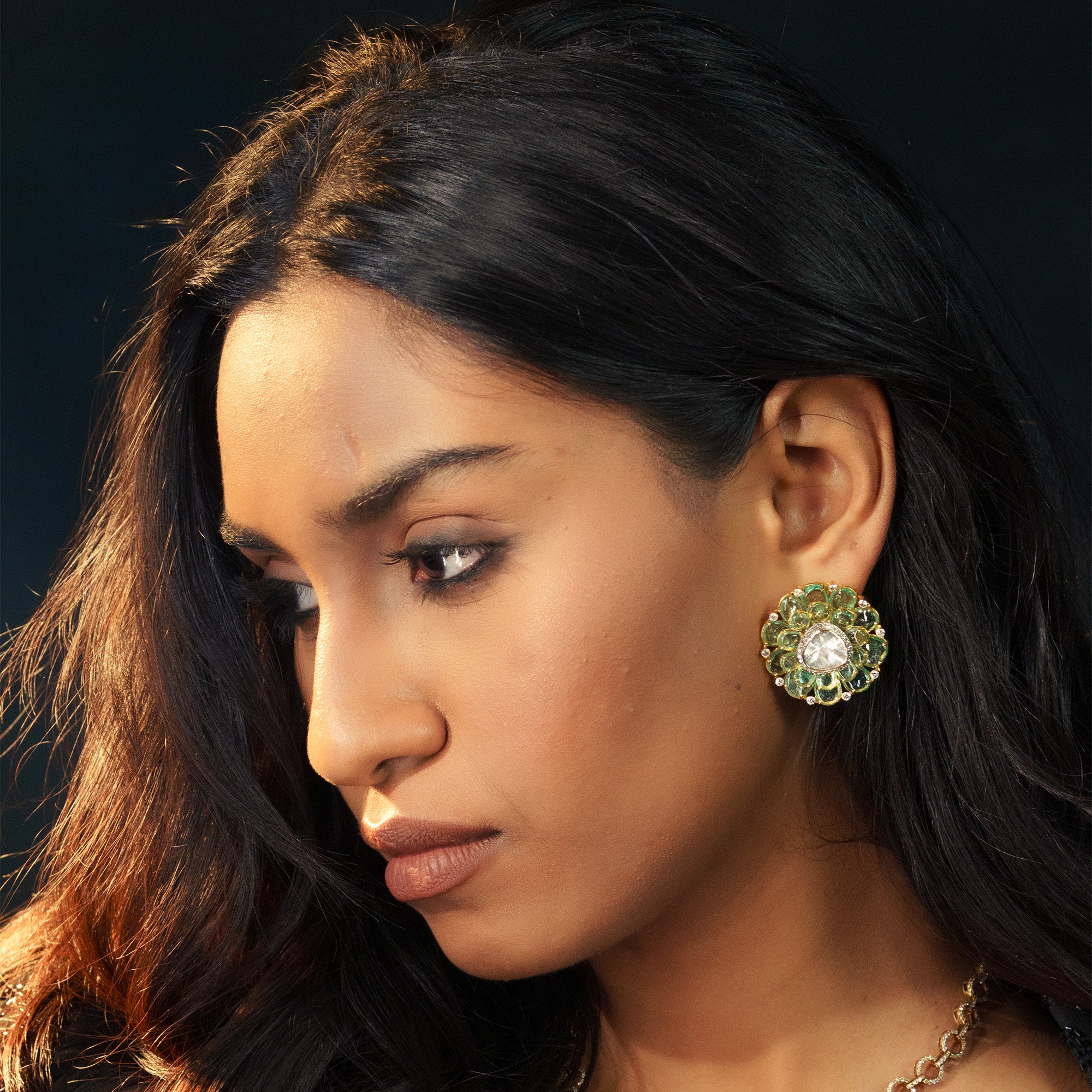 Emerald and Polki uncut diamond gold earrings, artisanal handcrafted luxury fine jewellery