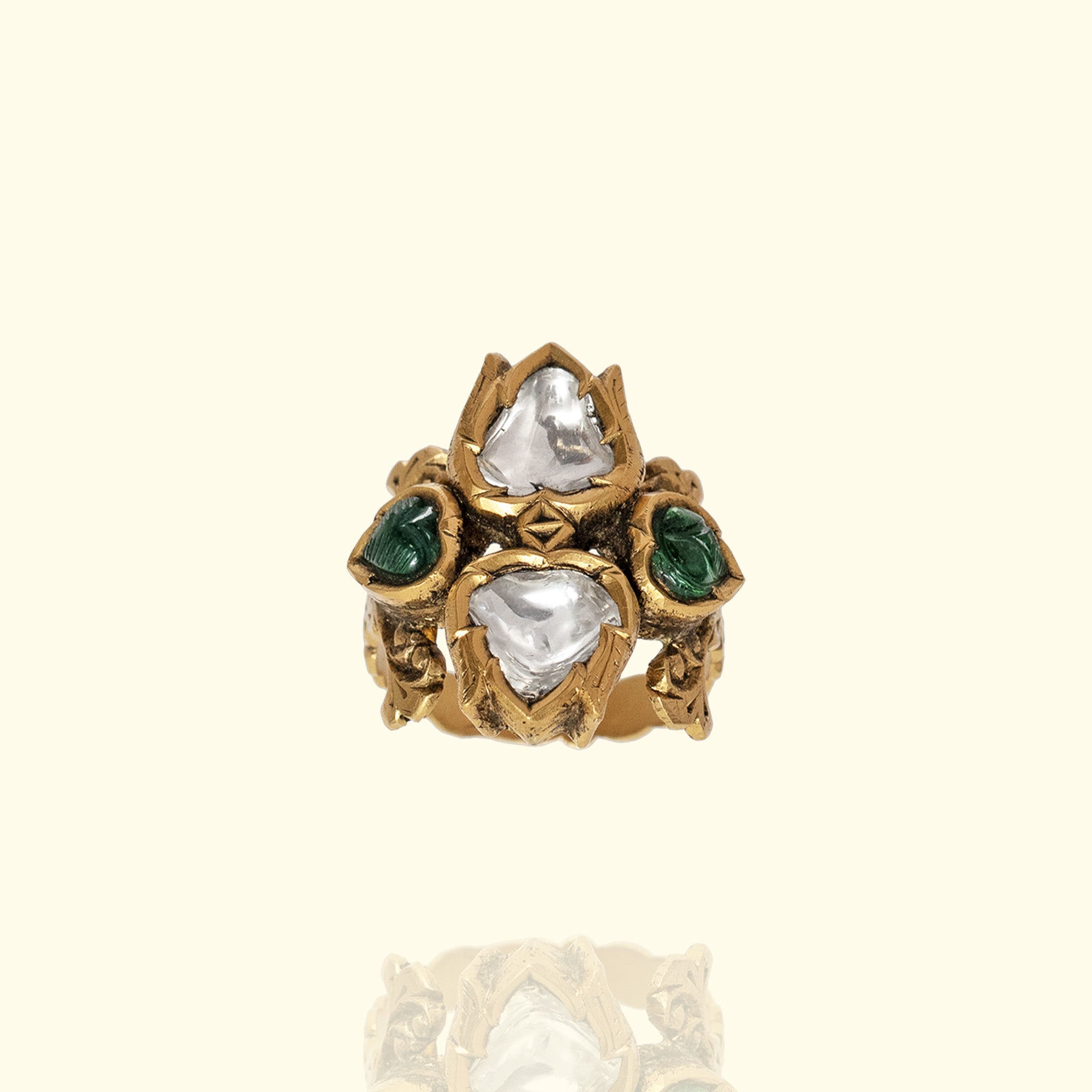 Emerald and Polki diamond gold ring, luxury handcrafted Indian jewellery, statement ring for women
