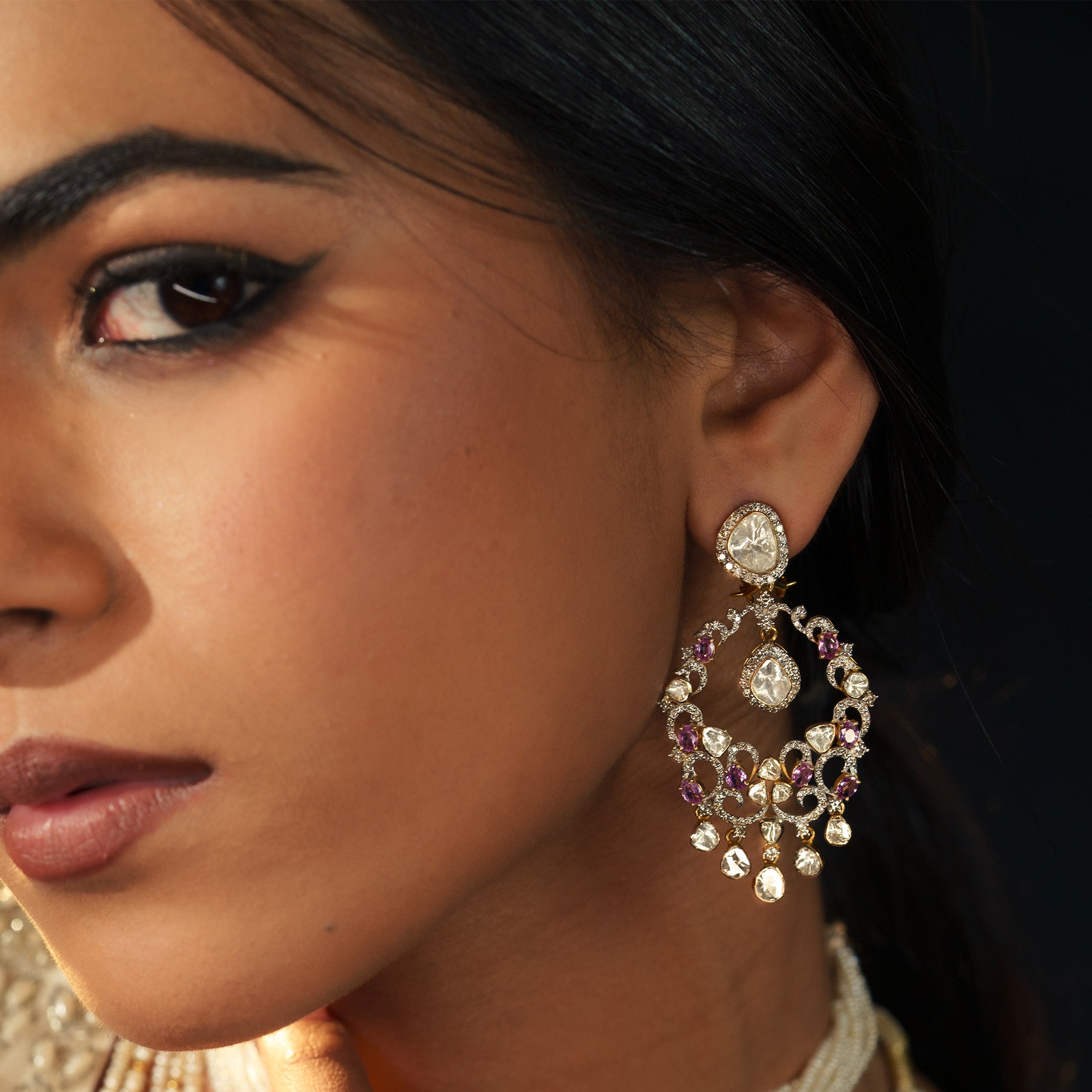 Polki uncut diamond gold chandbalis, traditional handcrafted luxury jewellery for women in India
