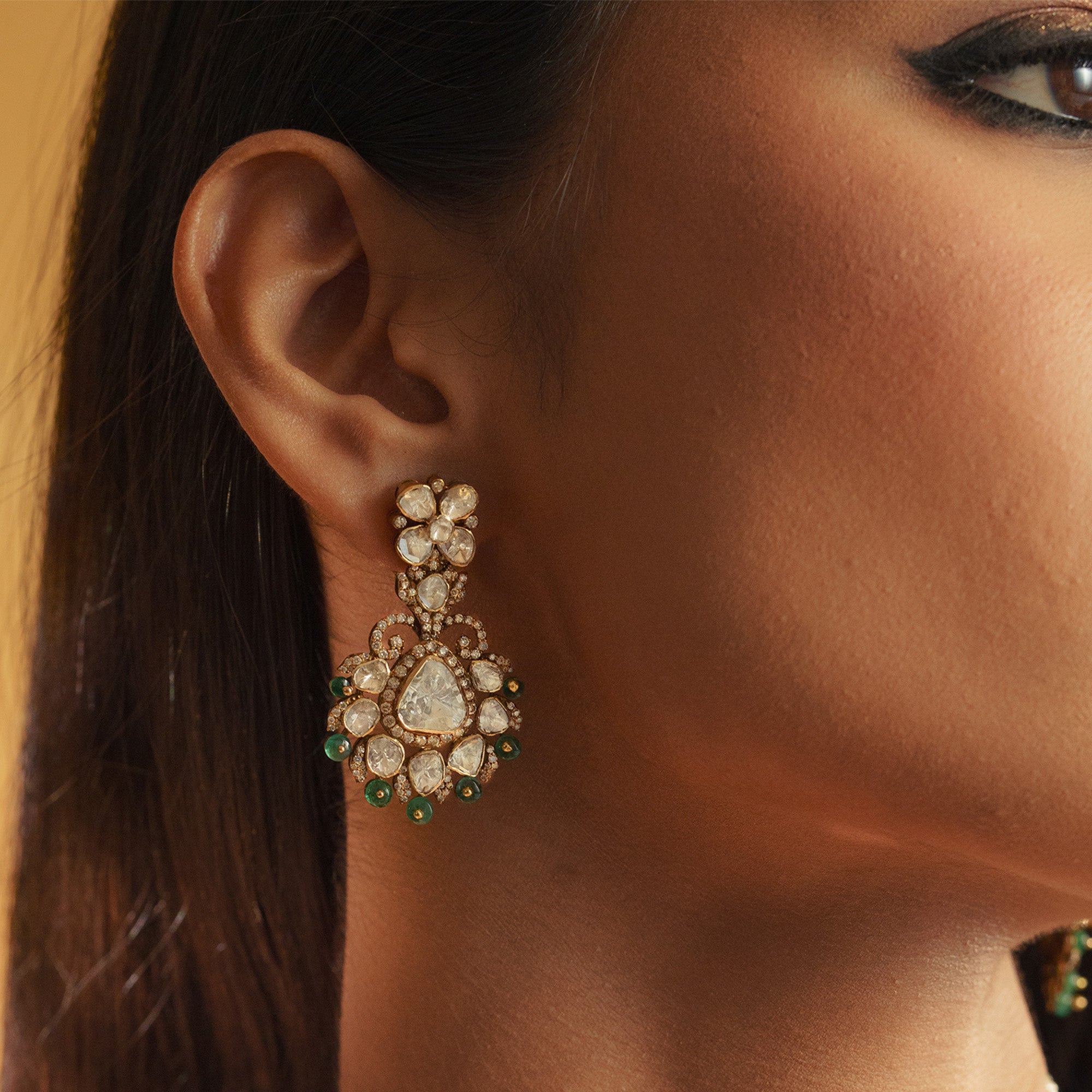 Emerald and Polki uncut diamond gold earrings, handcrafted luxury fine jewellery for women