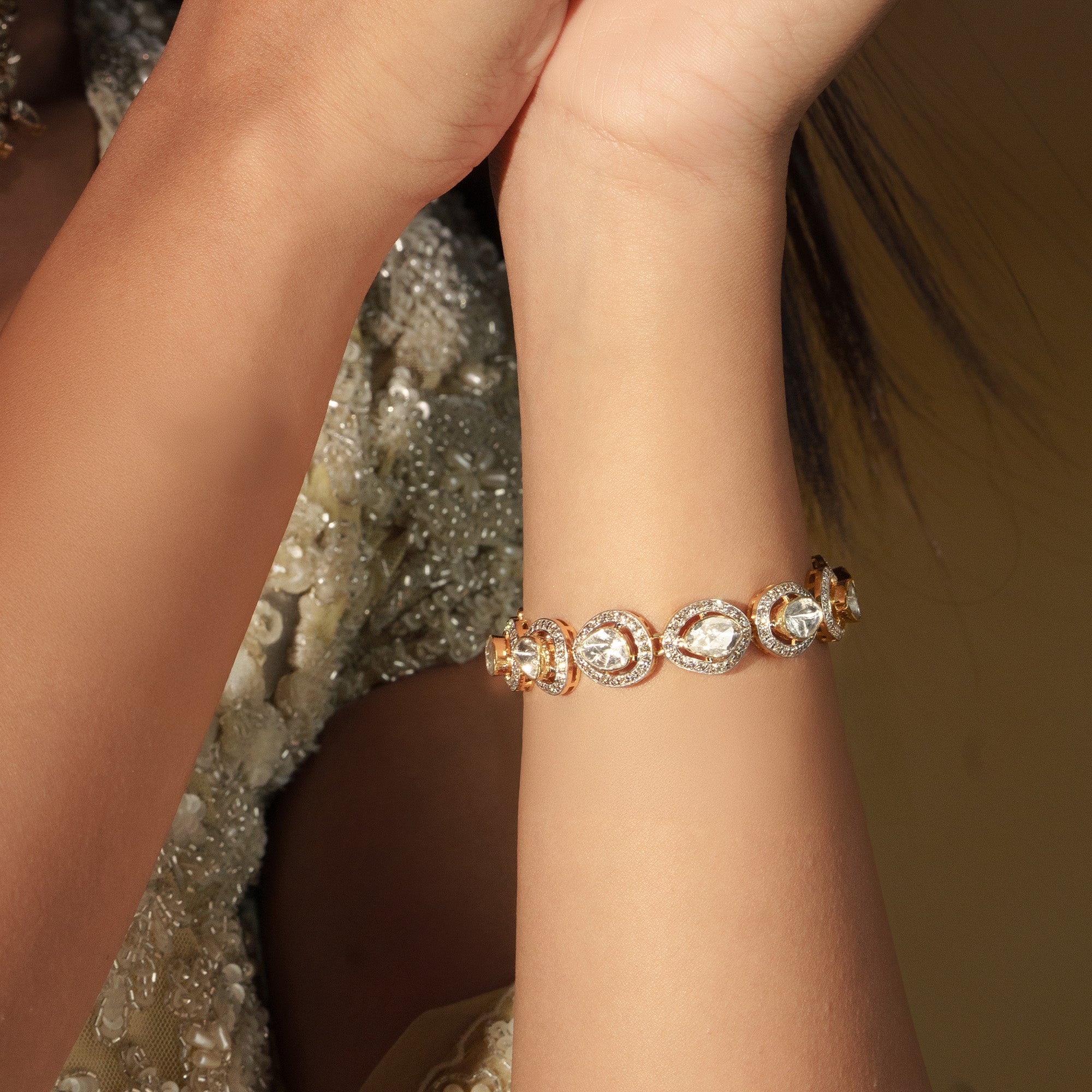 Polki diamond gold bracelet, artisanal handcrafted jewellery for women India