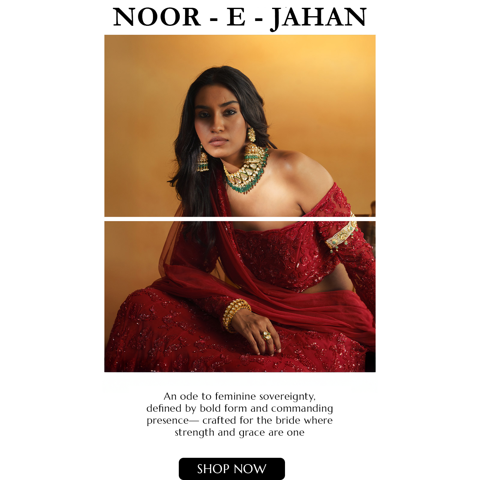 A model in a crimson bridal ensemble wearing the Grand Emerald and Polki Choker paired with matching tiered chandelier earrings, stacked polki bangles, and a matching bajuband (armlet).
