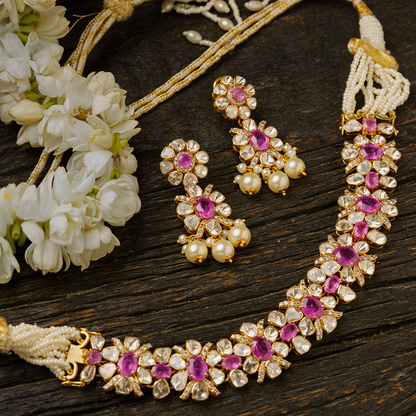 Pink Sapphire Flower Detachable Necklace & Bracelet