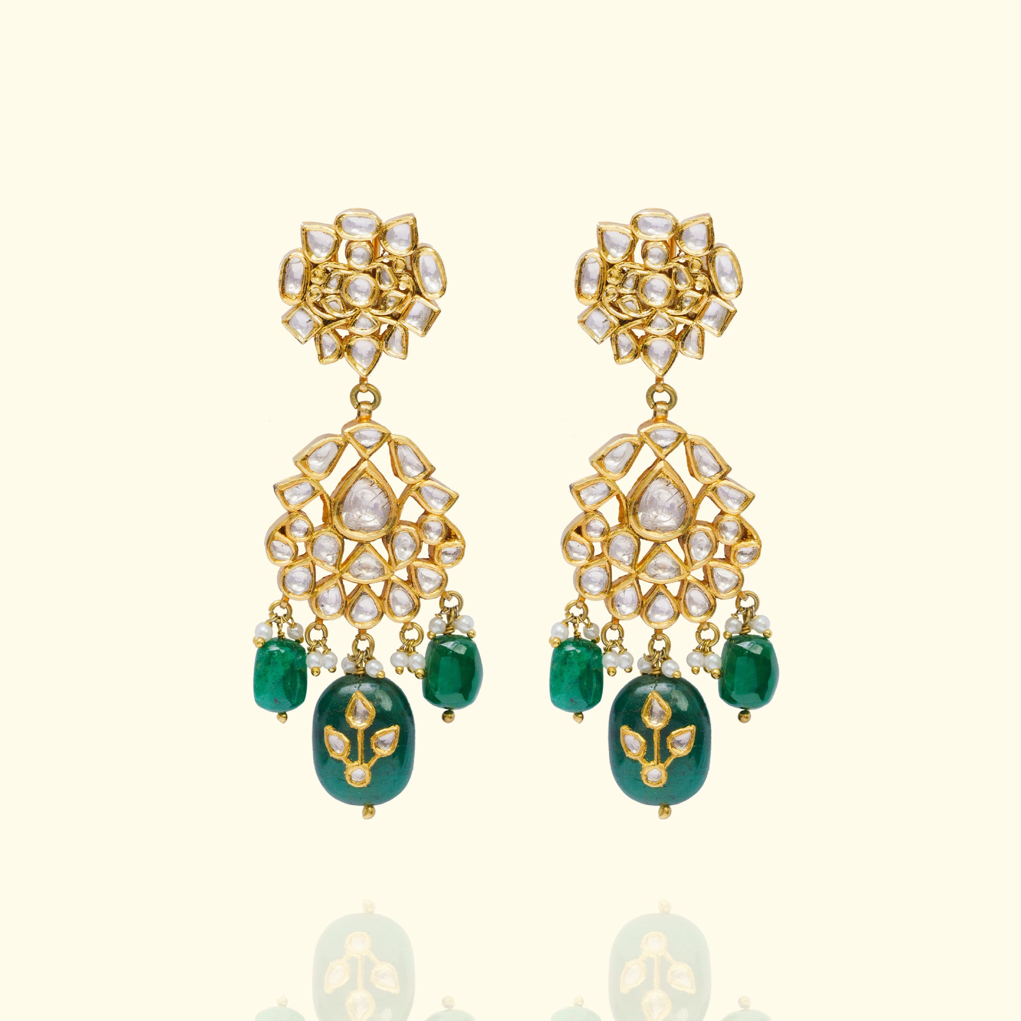 Emerald and Polki diamond gold earrings, luxury handcrafted traditional fine jewellery