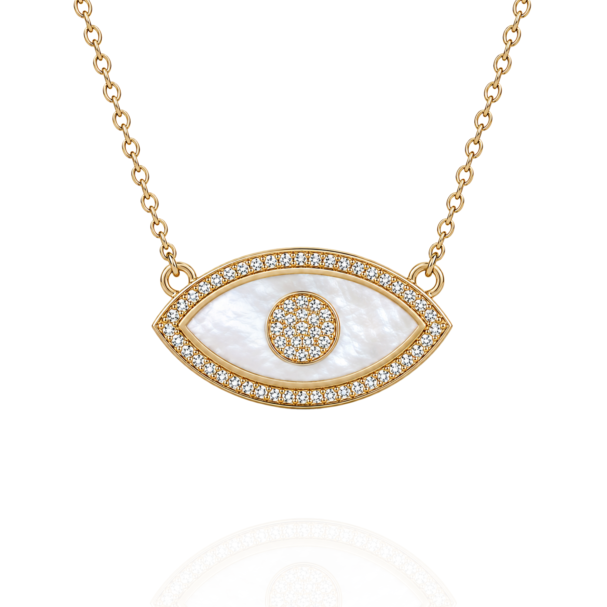 Gold-tone evil eye pendant necklace featuring a white mother-of-pearl eye shape, a gold border set with small clear stones, and a matching gold circular center, shown on a white background with a faint reflection below.