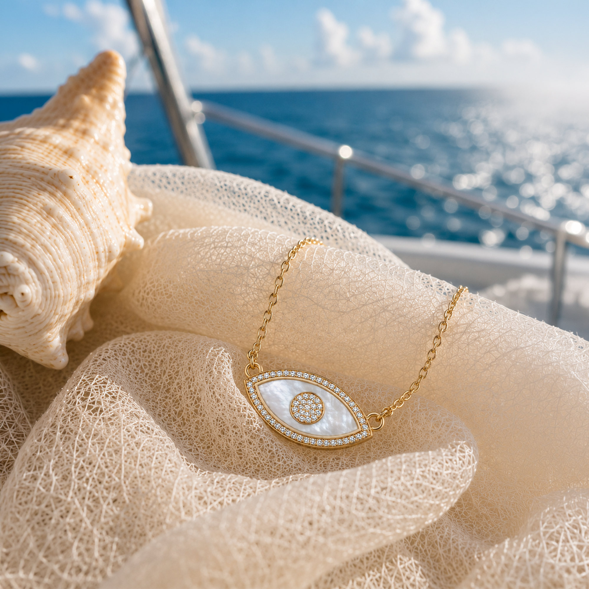 Gold-tone necklace with a white mother-of-pearl evil eye pendant, styled on cream-colored mesh fabric next to a large seashell with a blurred ocean background.