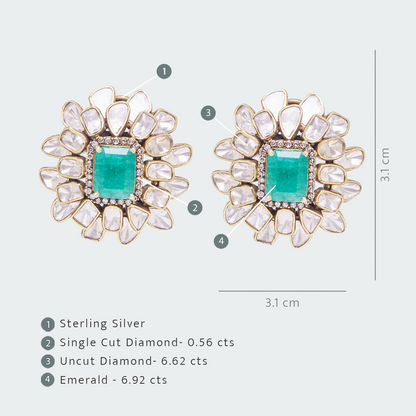 Rectangle Emerald Uncut Diamond Flower Earrings