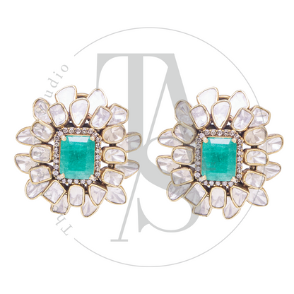 Rectangle Emerald Uncut Diamond Flower Earrings