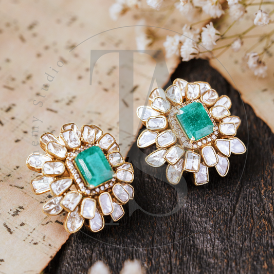 Rectangle Emerald Uncut Diamond Flower Earrings