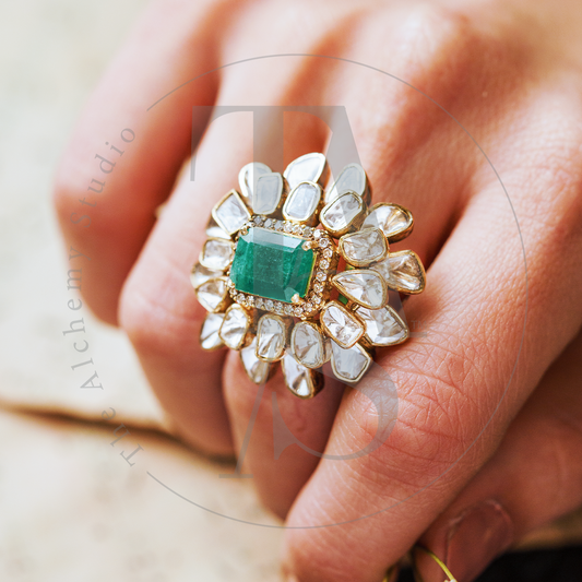 Rectangle Emerald Uncut Diamond Flower Ring