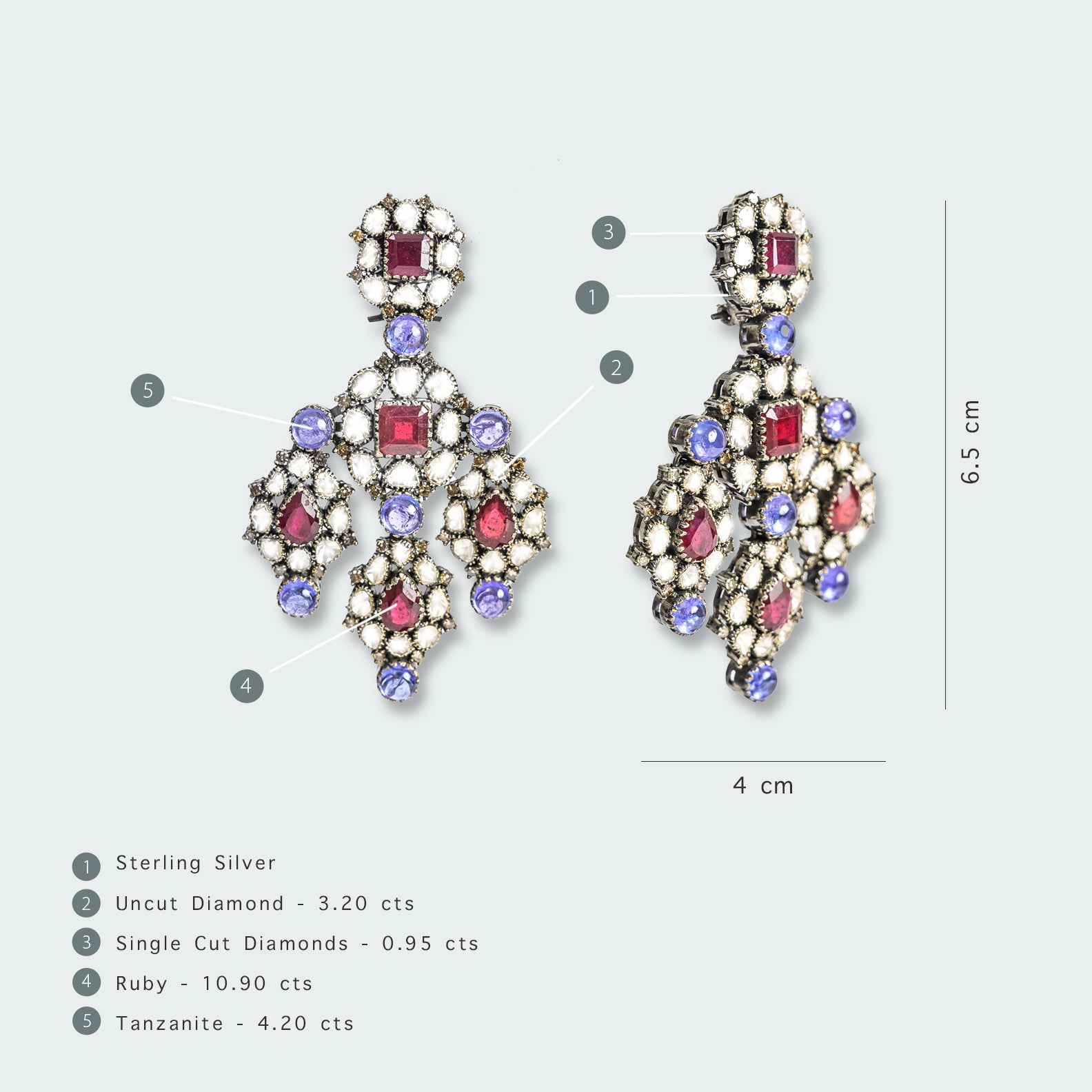 Ruby and Tanzanite Chandelier Uncut Diamond Earrings