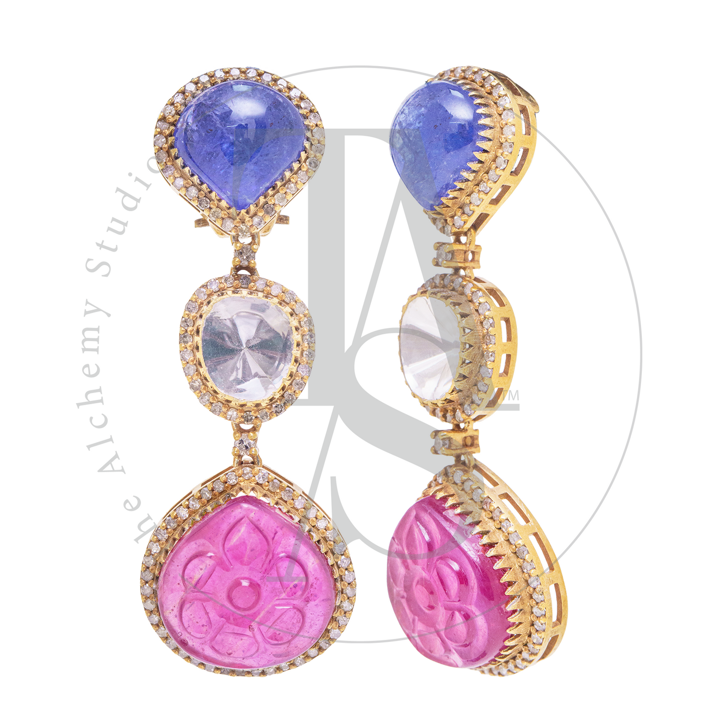 Rue Tanzanite and Carved Ruby Uncut Diamond Earrings