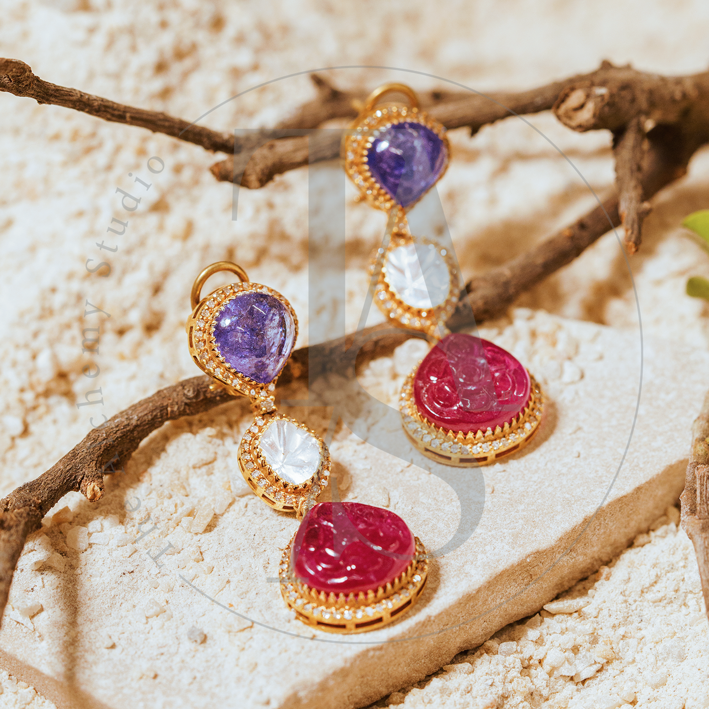 Rue Tanzanite and Carved Ruby Uncut Diamond Earrings