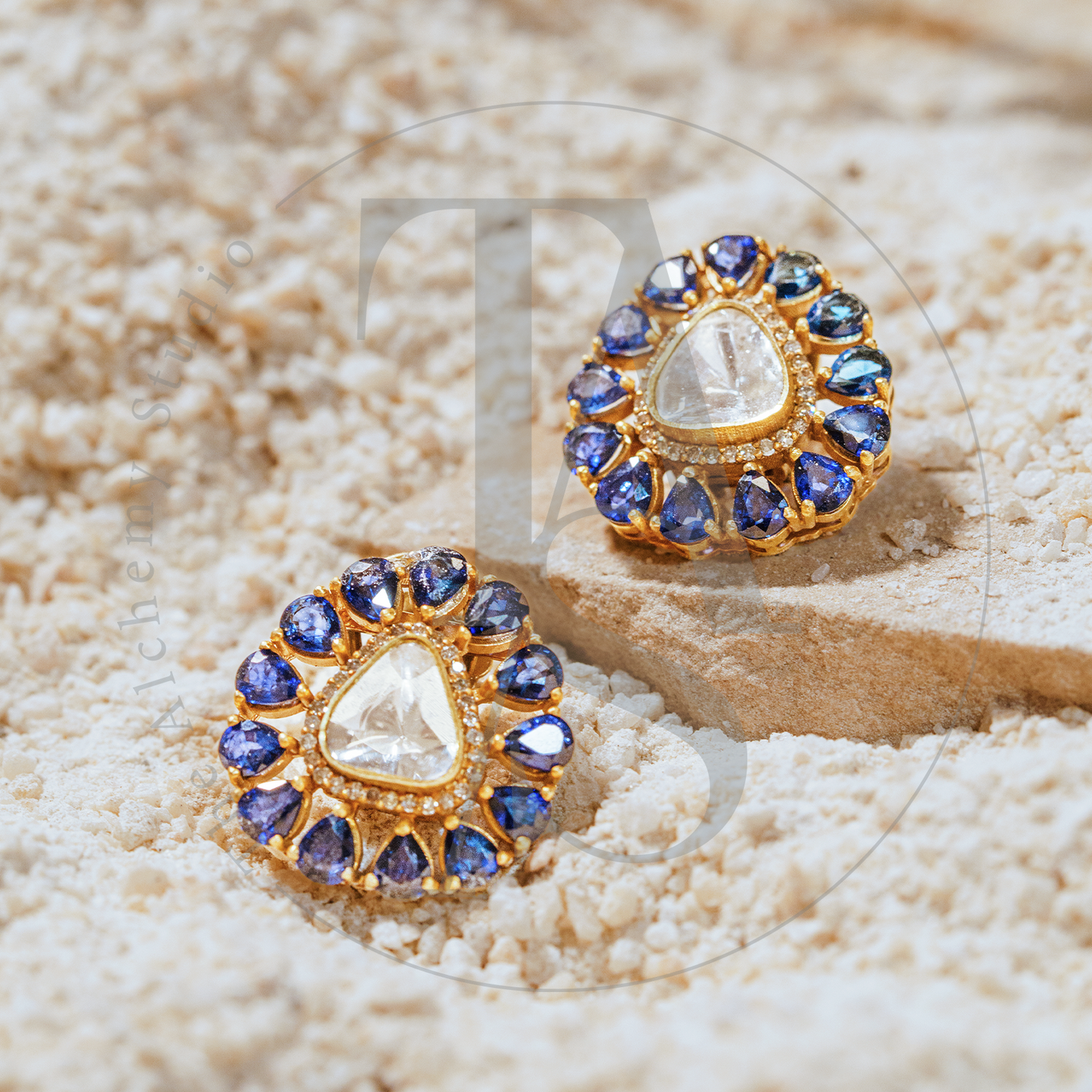 Starburst Sapphire Uncut Diamond Earrings