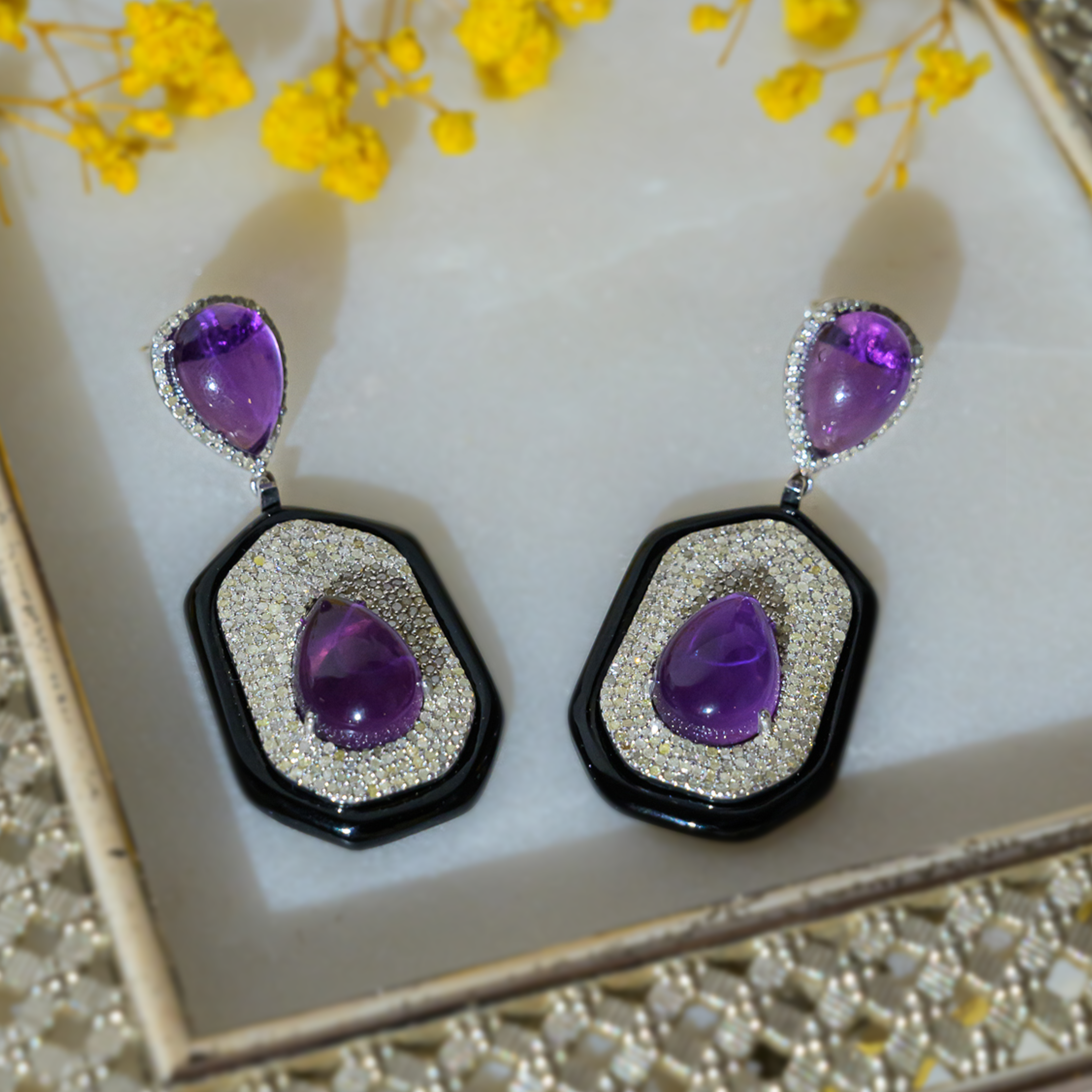 Faena Diamond Amethyst Black Onyx Earrings