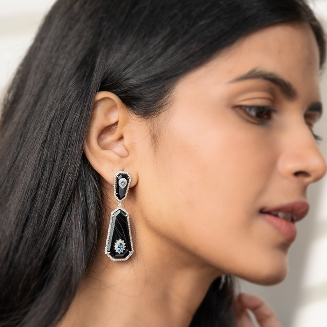 Nidi Diamond Aquamarine Black Onyx Earrings