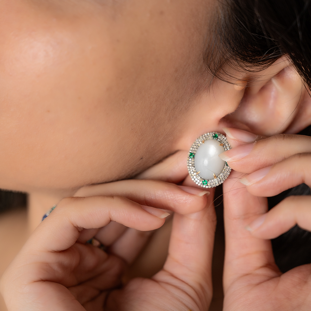 Inara Diamond Emerald Moonstone Earrings