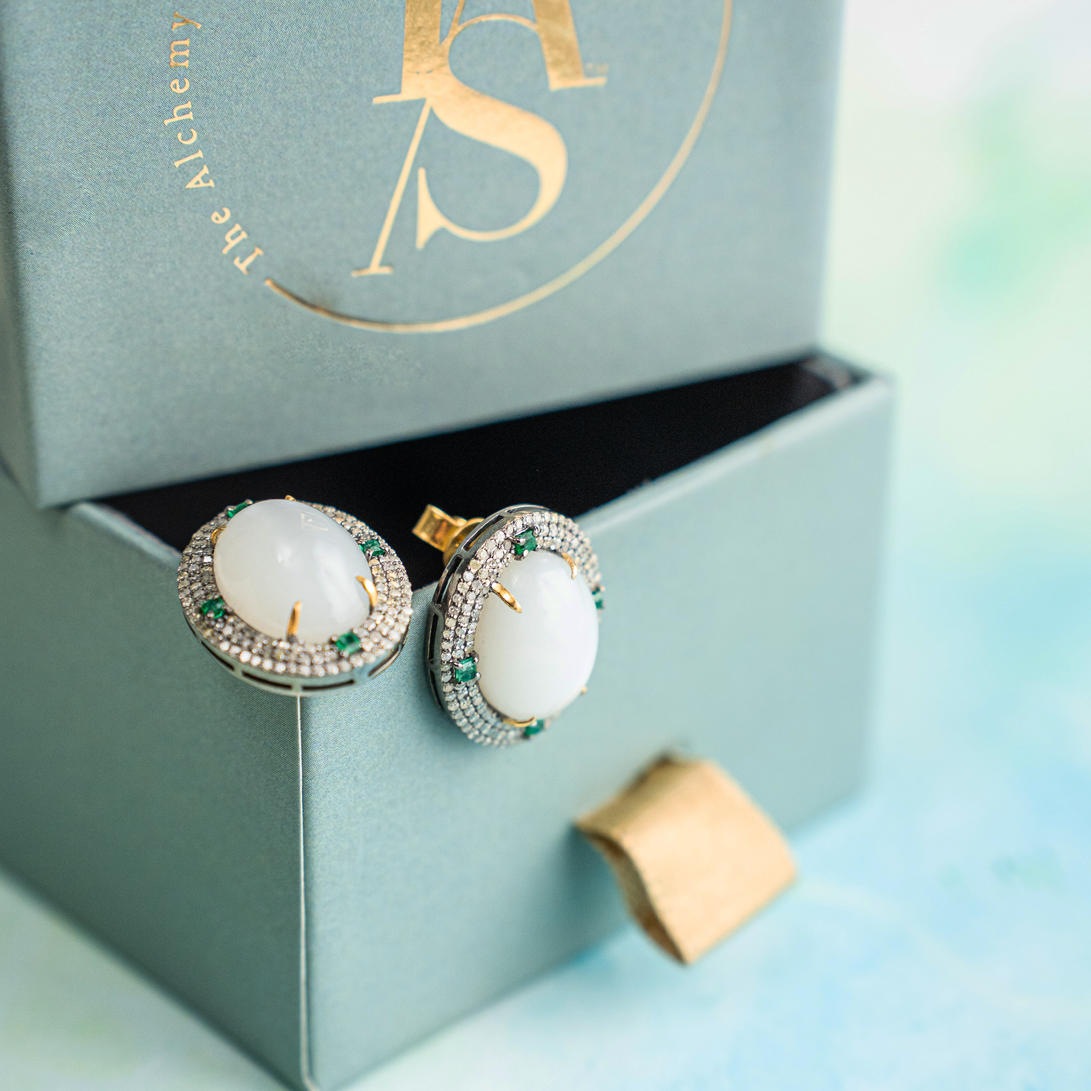 Inara Diamond Emerald Moonstone Earrings