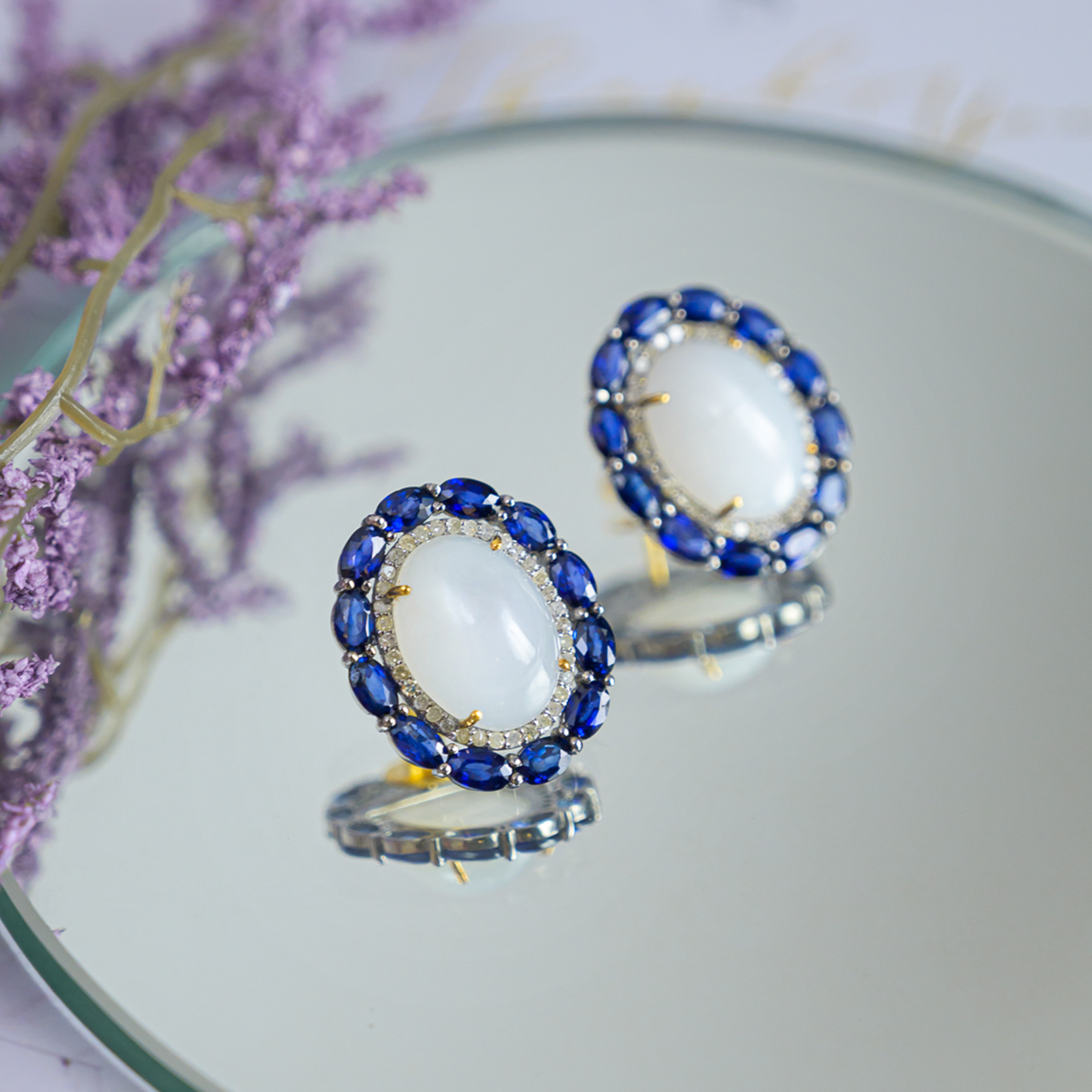 Luna Diamond Sapphire Moonstone Earrings