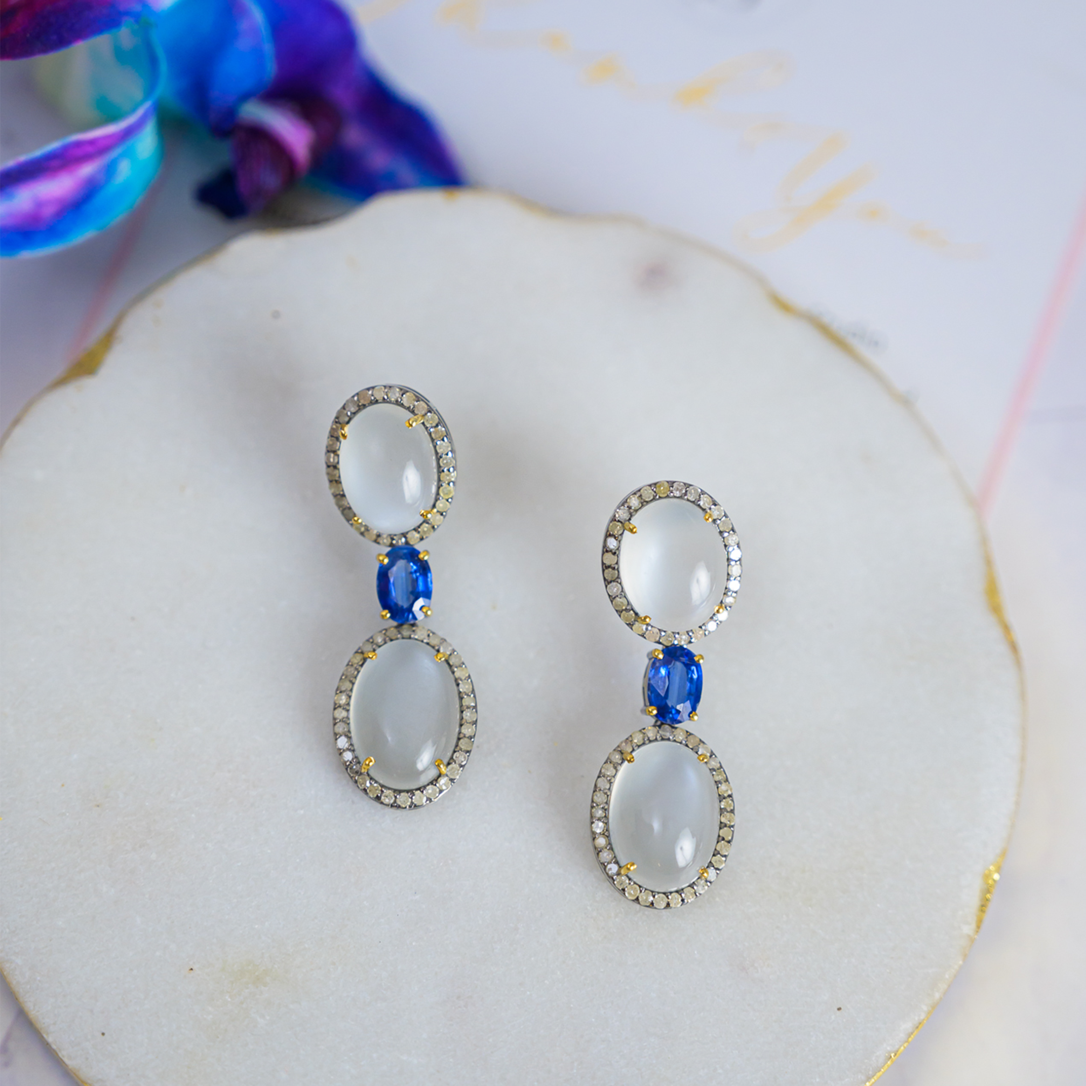 Lunar Diamond Sapphire Moonstone Earrings