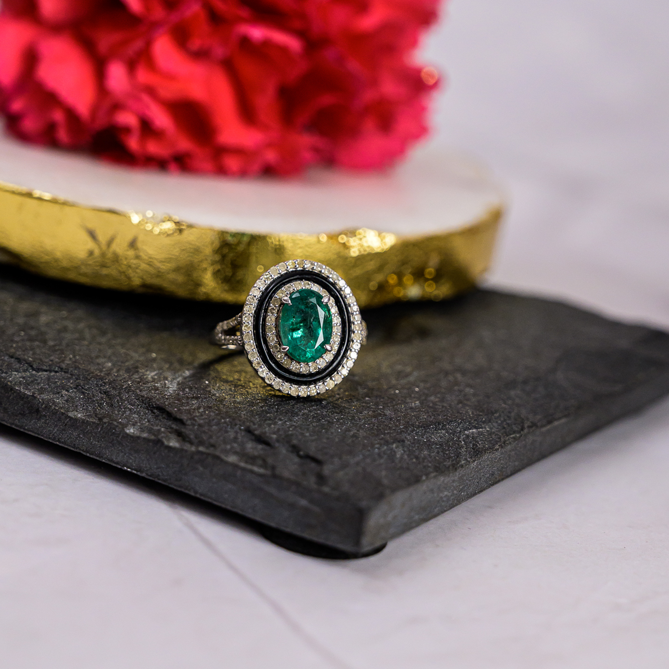 Marina Diamond Emerald Black Onyx Ring