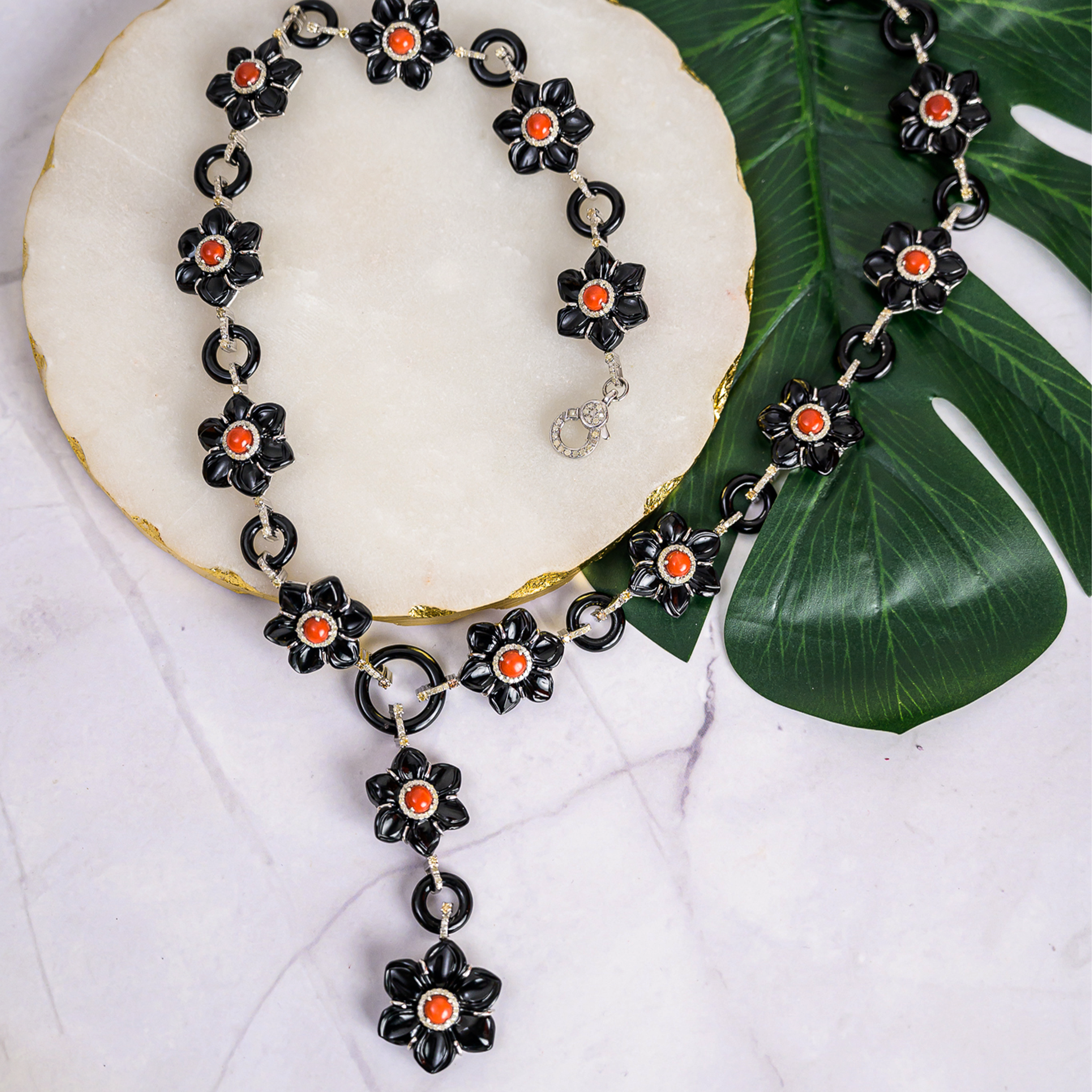 Maurelle diamond Coral Black Onyx Necklace