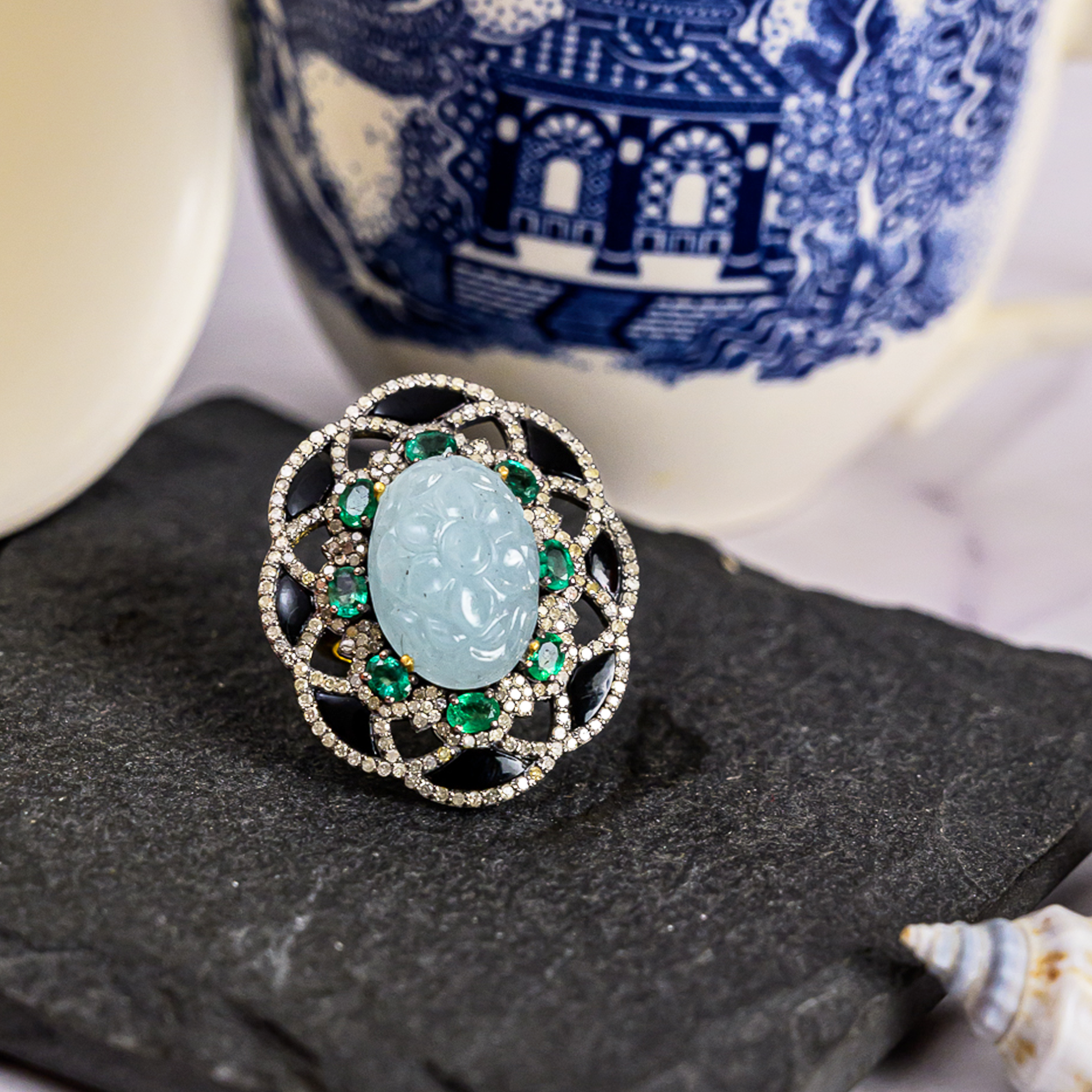 Crissy Diamond Aquamarine Emerald Black Onyx Ring