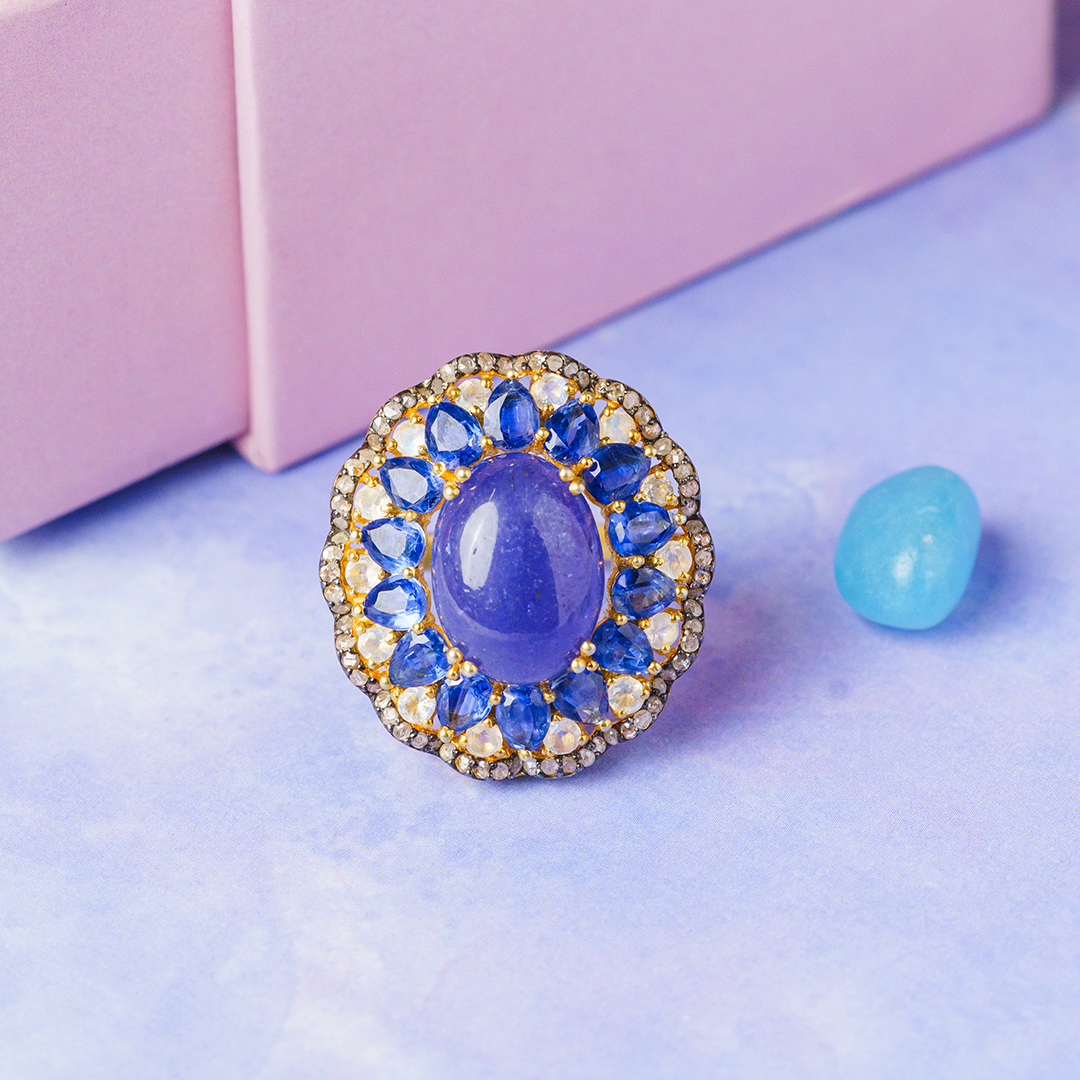 Sybil Diamond Sapphire Moonstone Tanzanite Ring