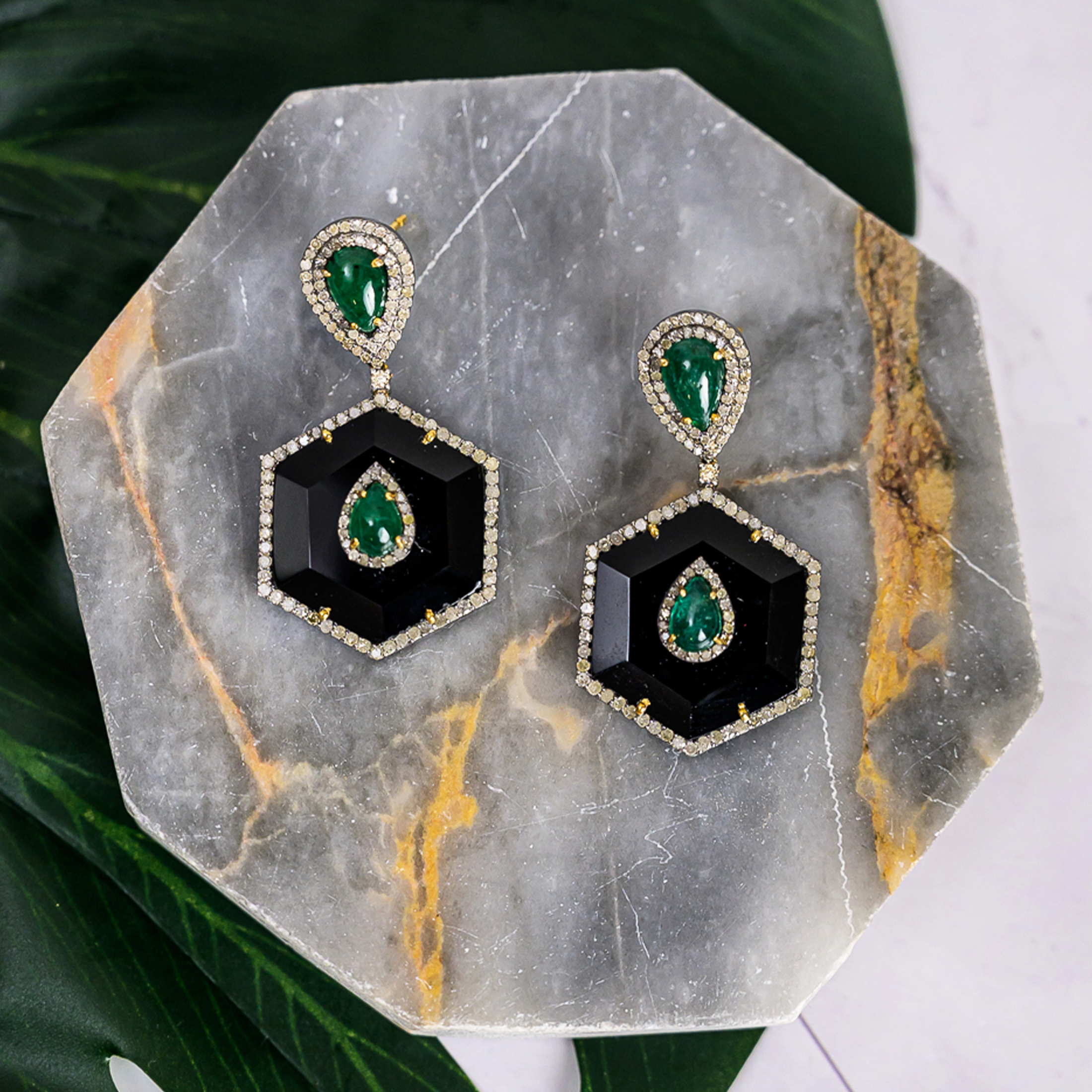 Ava Diamond Emerald Black Onyx Earrings
