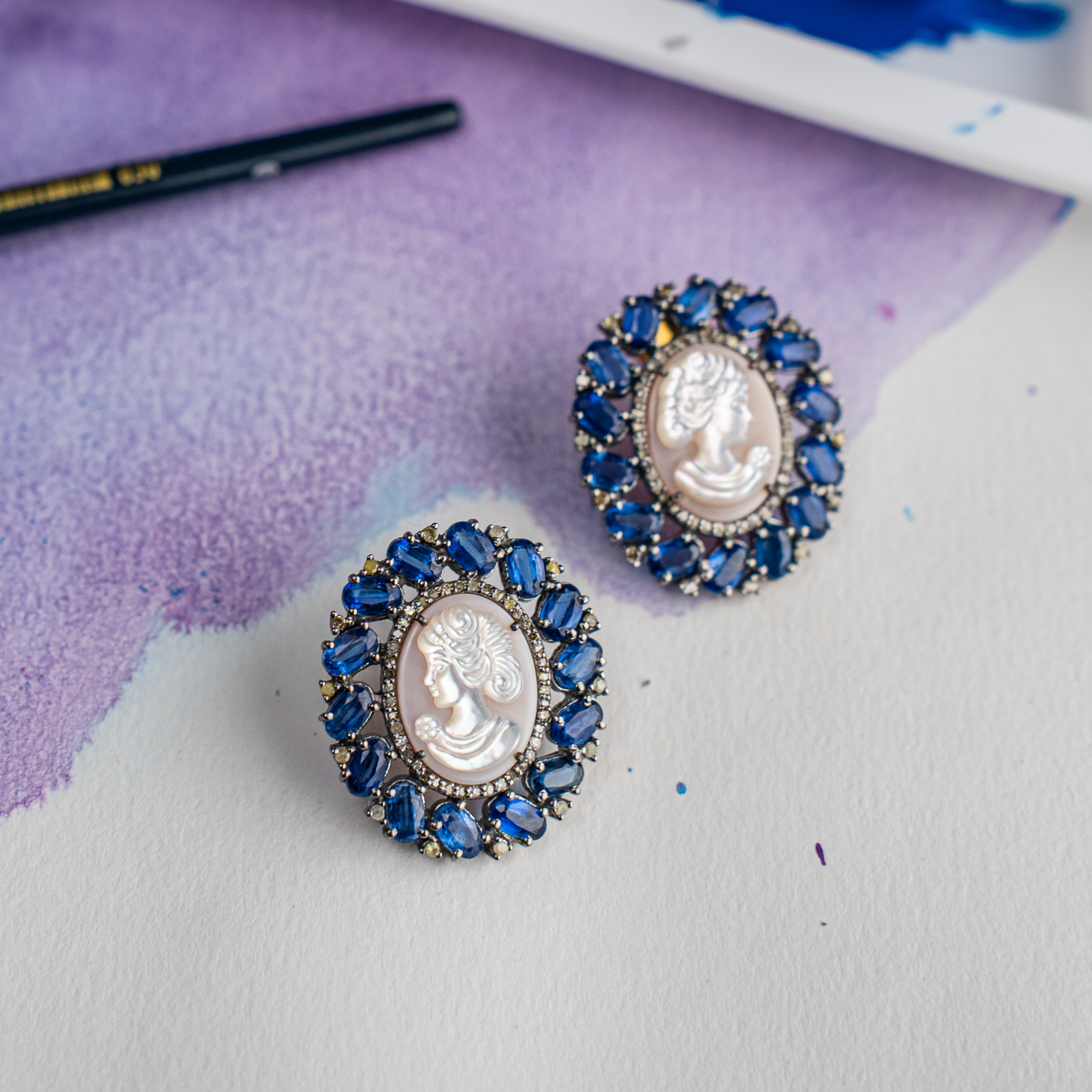 Belinay Diamond Mother of Pearl Sapphire Earrings