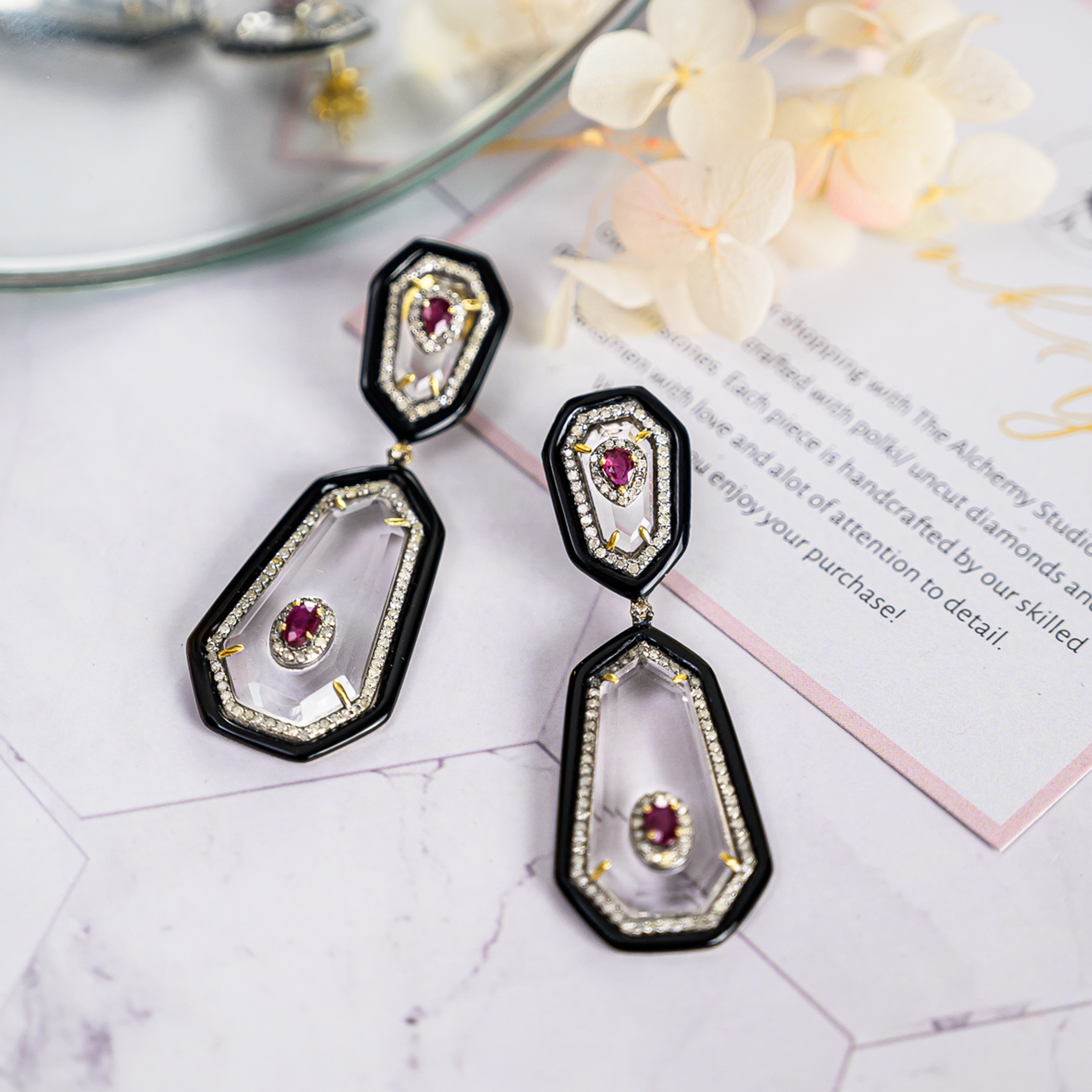 Caitlyn Diamond Ruby Black Onyx Earrings