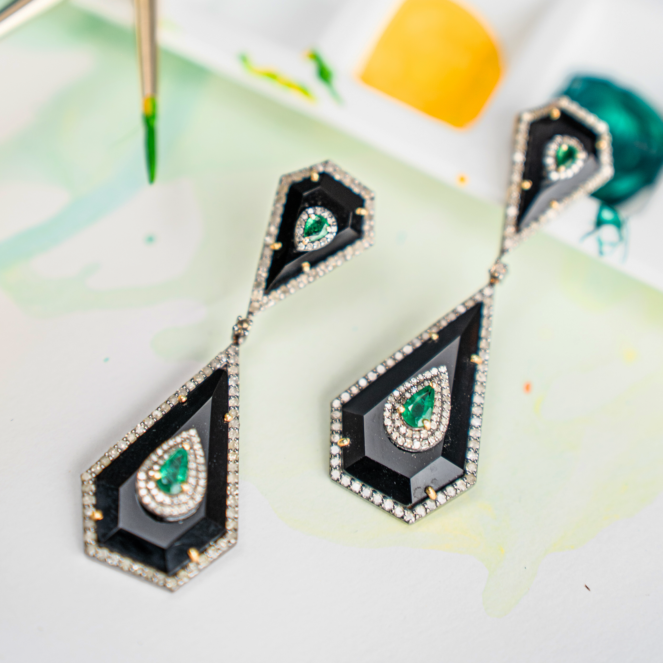 Beatrix Diamond Emerald Black Onyx Earrings