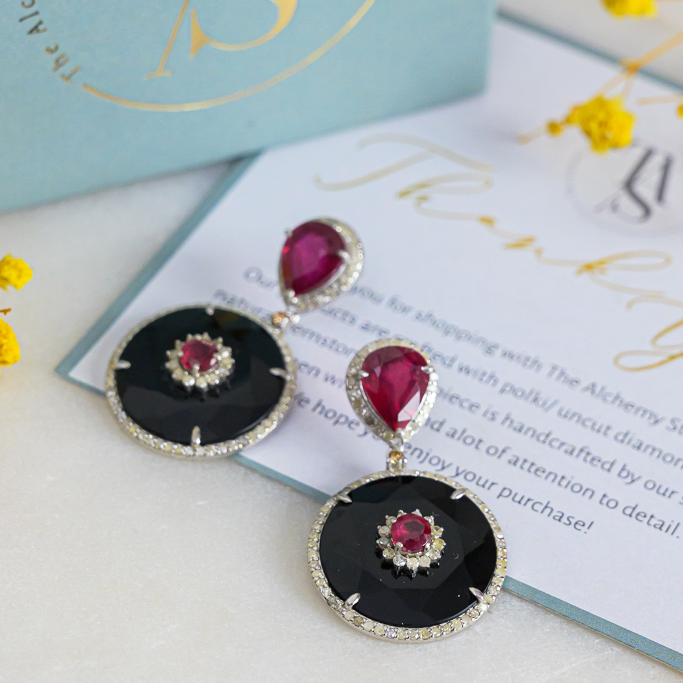 Ella Diamond Ruby Black Onyx Earrings