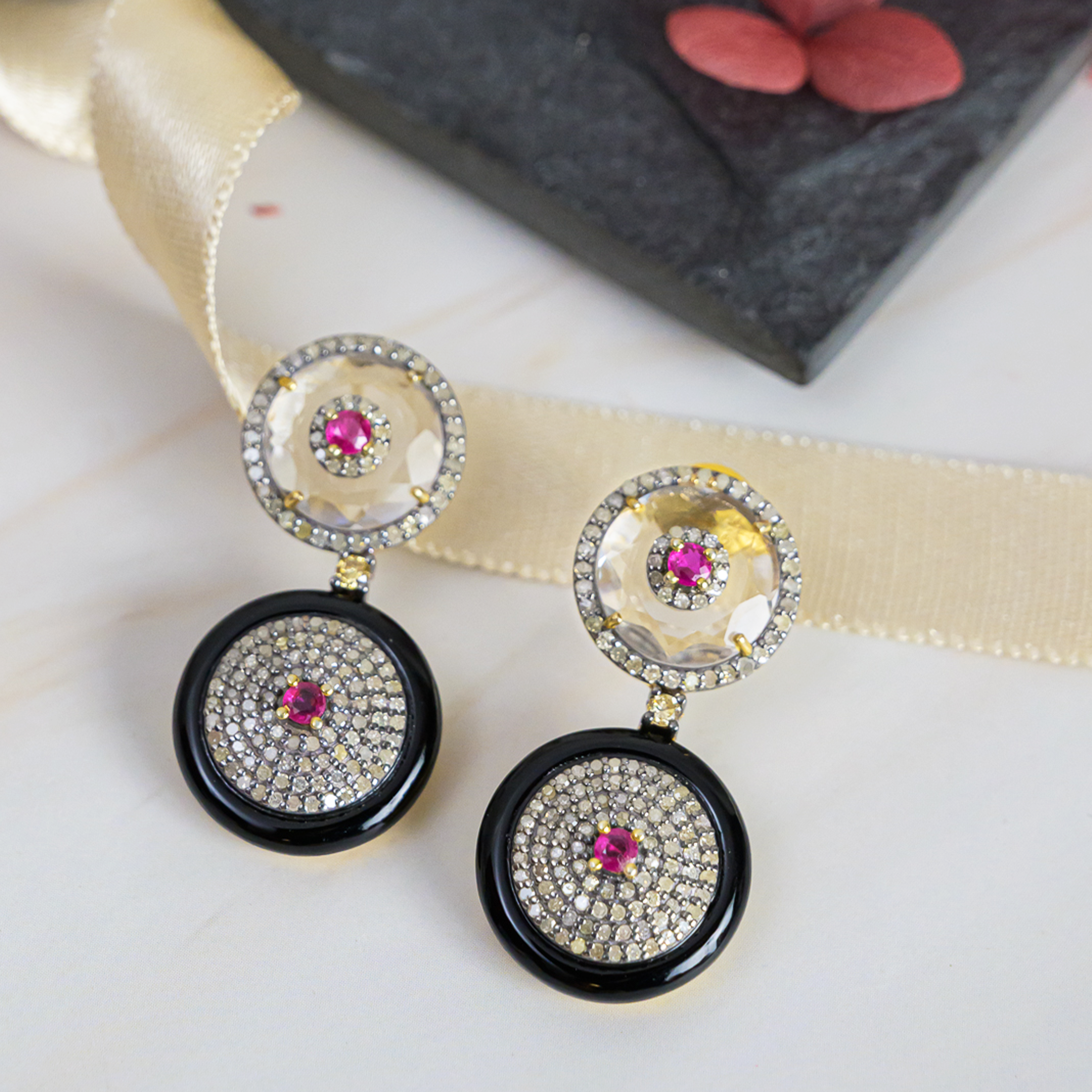 Dual Diamond Ruby Crystal Black Onyx Earrings