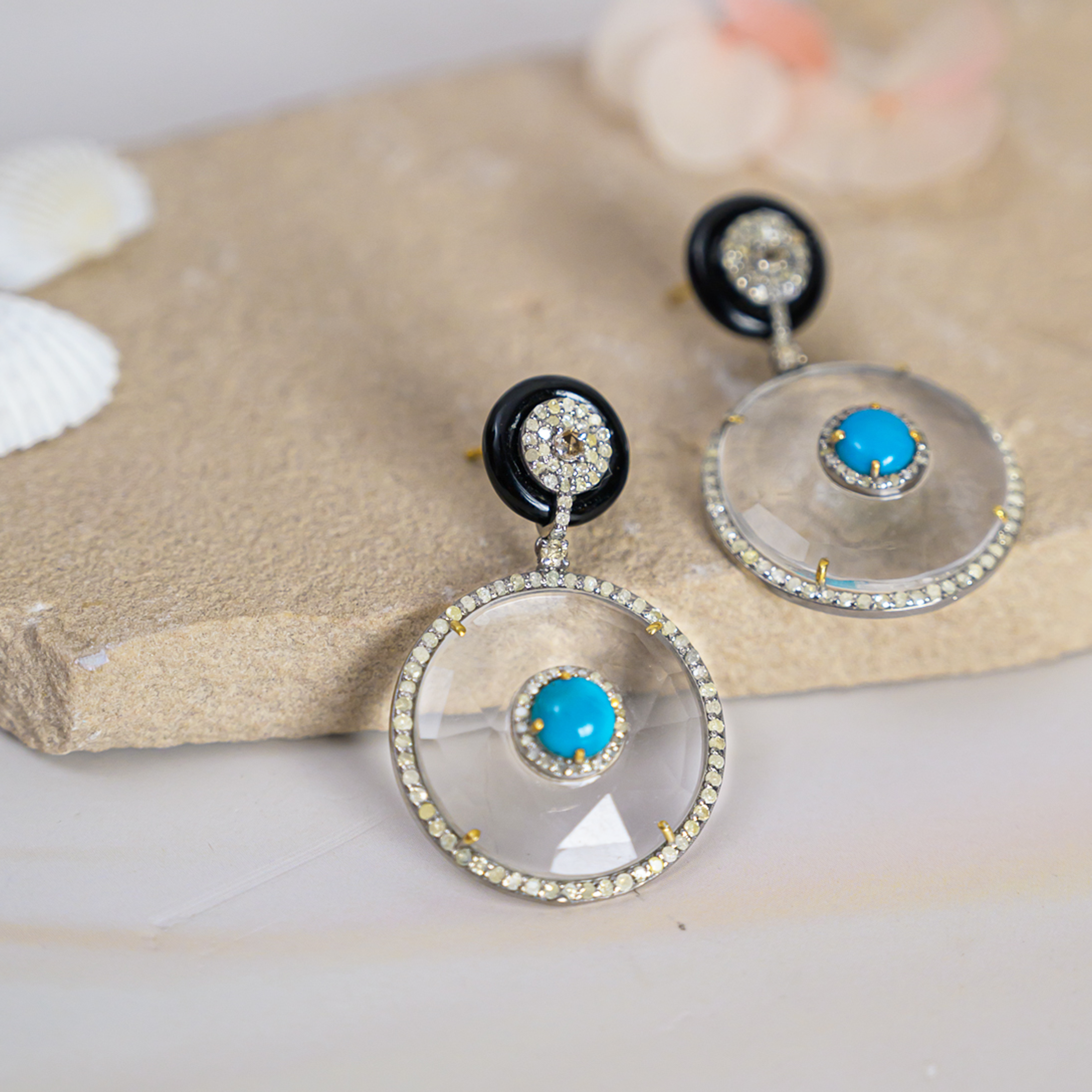Dual Diamond Turquoise Crystal Black Onyx Earrings